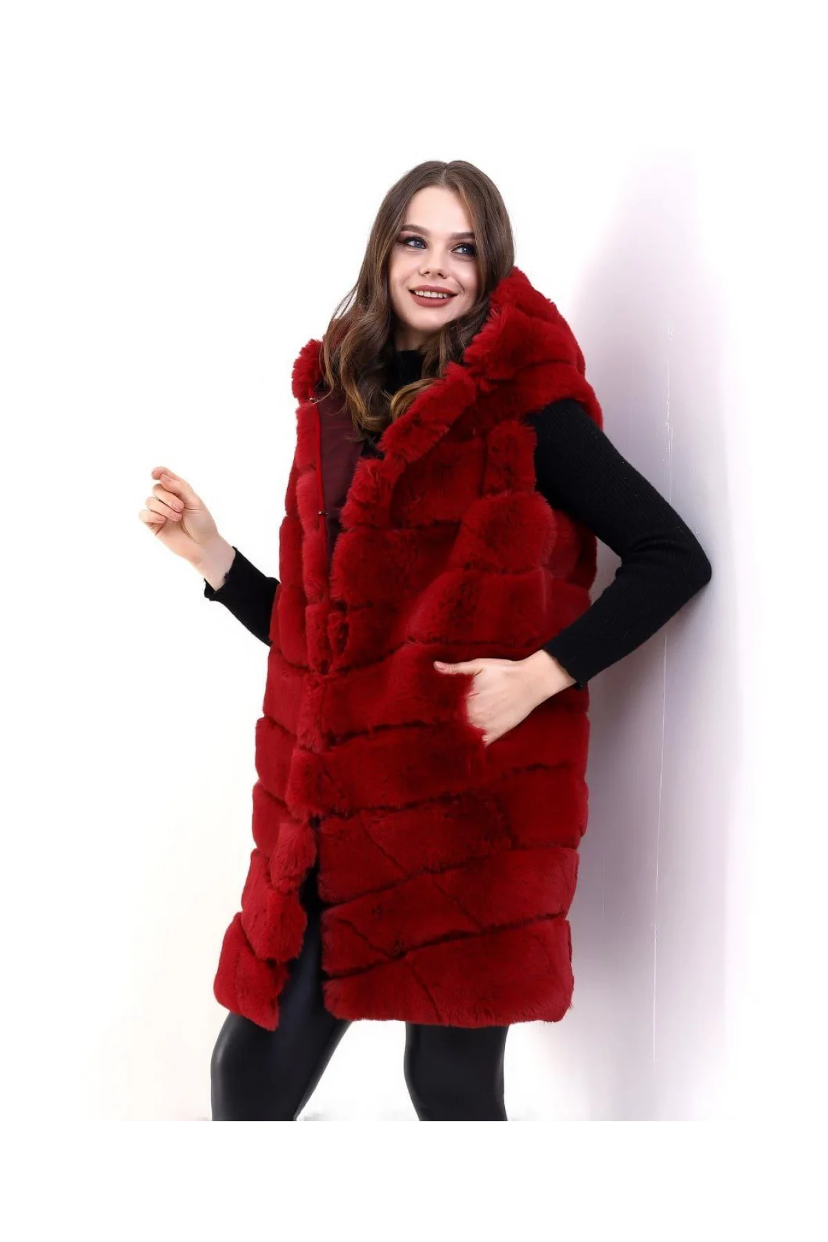 Kadın Kapşonlu Peluş Kürk Yelek Premium Kalite, Tam Astarlı, Uzun Model - Kırmızı
