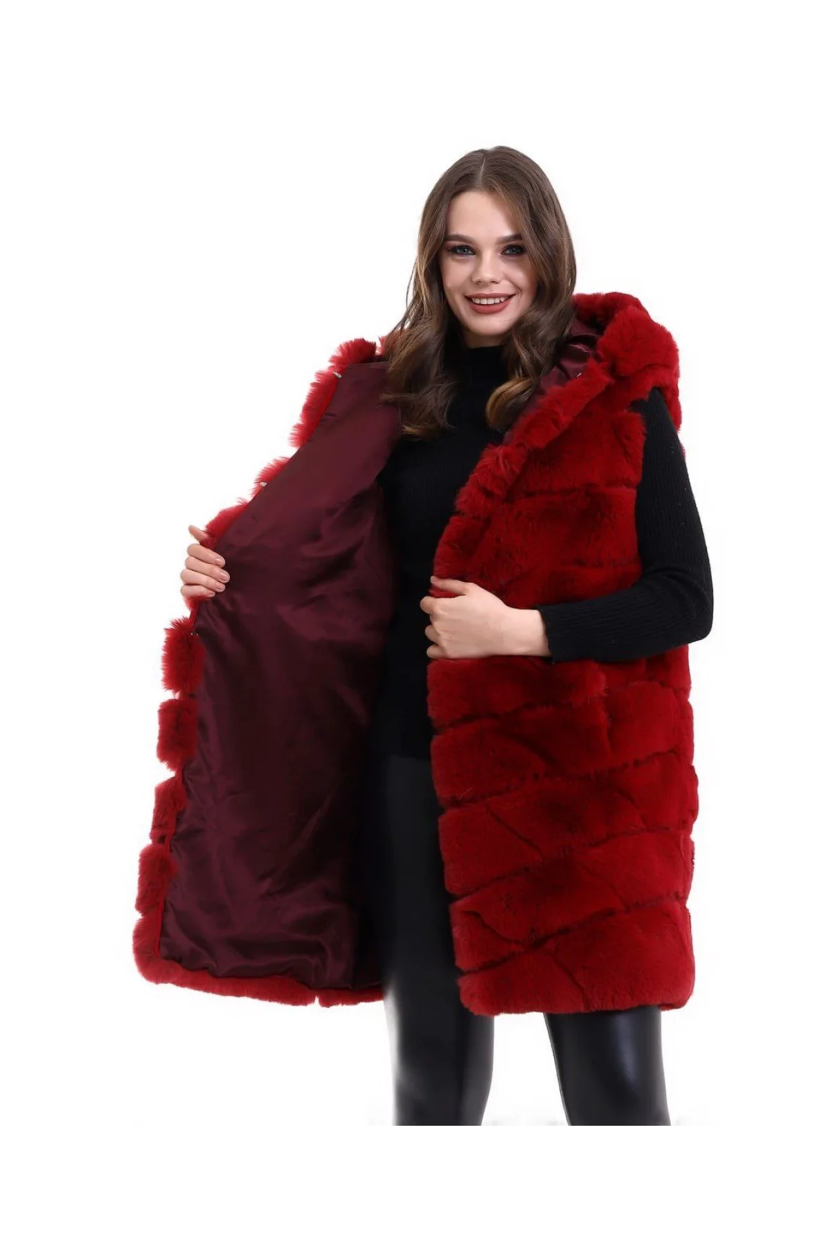 Kadın Kapşonlu Peluş Kürk Yelek Premium Kalite, Tam Astarlı, Uzun Model - Kırmızı