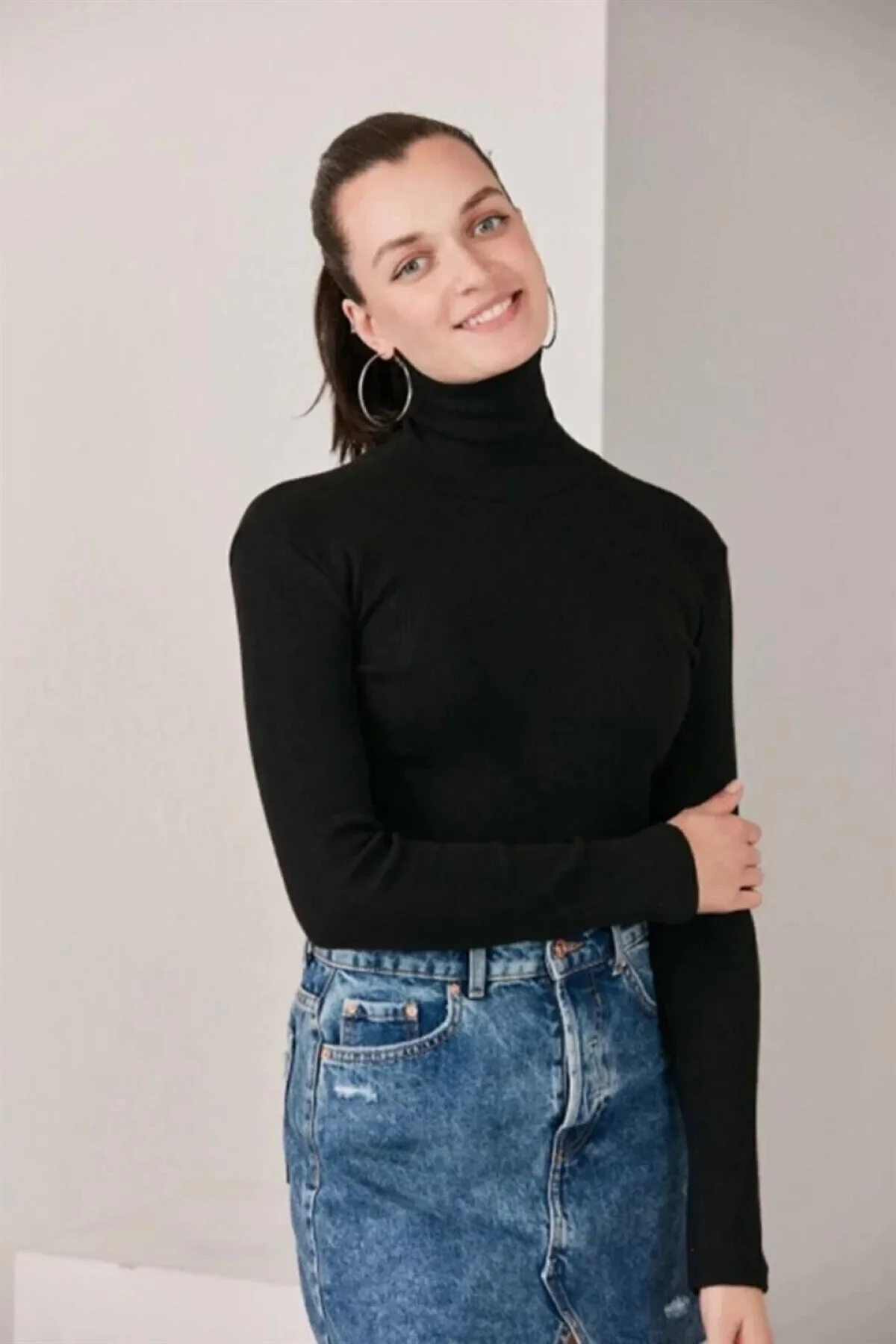 Kadın Kaşkorse Boğazlı Full Likralı Fitilli Body Kazak - Siyah