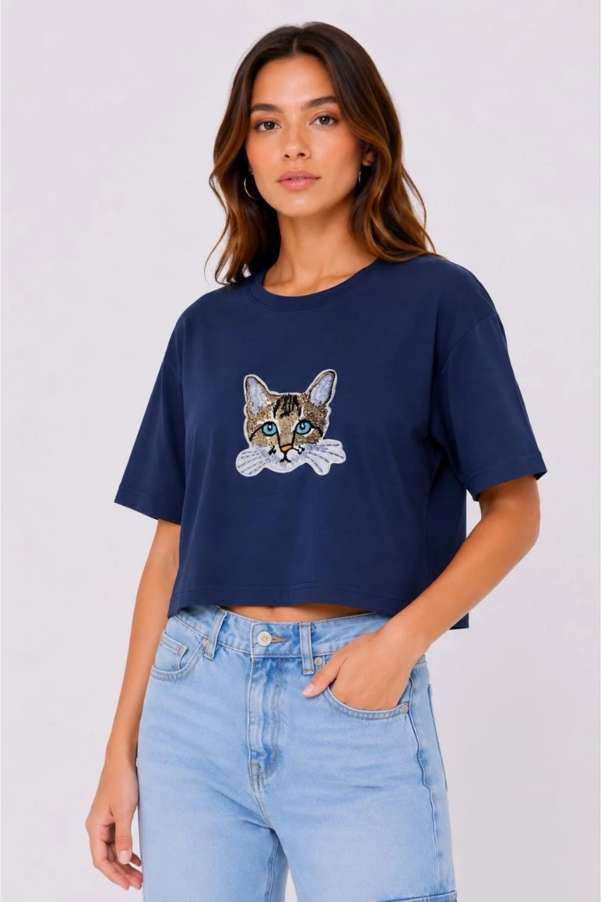 Kadın Kedi Baskılı Oversize Crop Tişört Salaş Basic Yarım Kol T-shirt - Lacivert