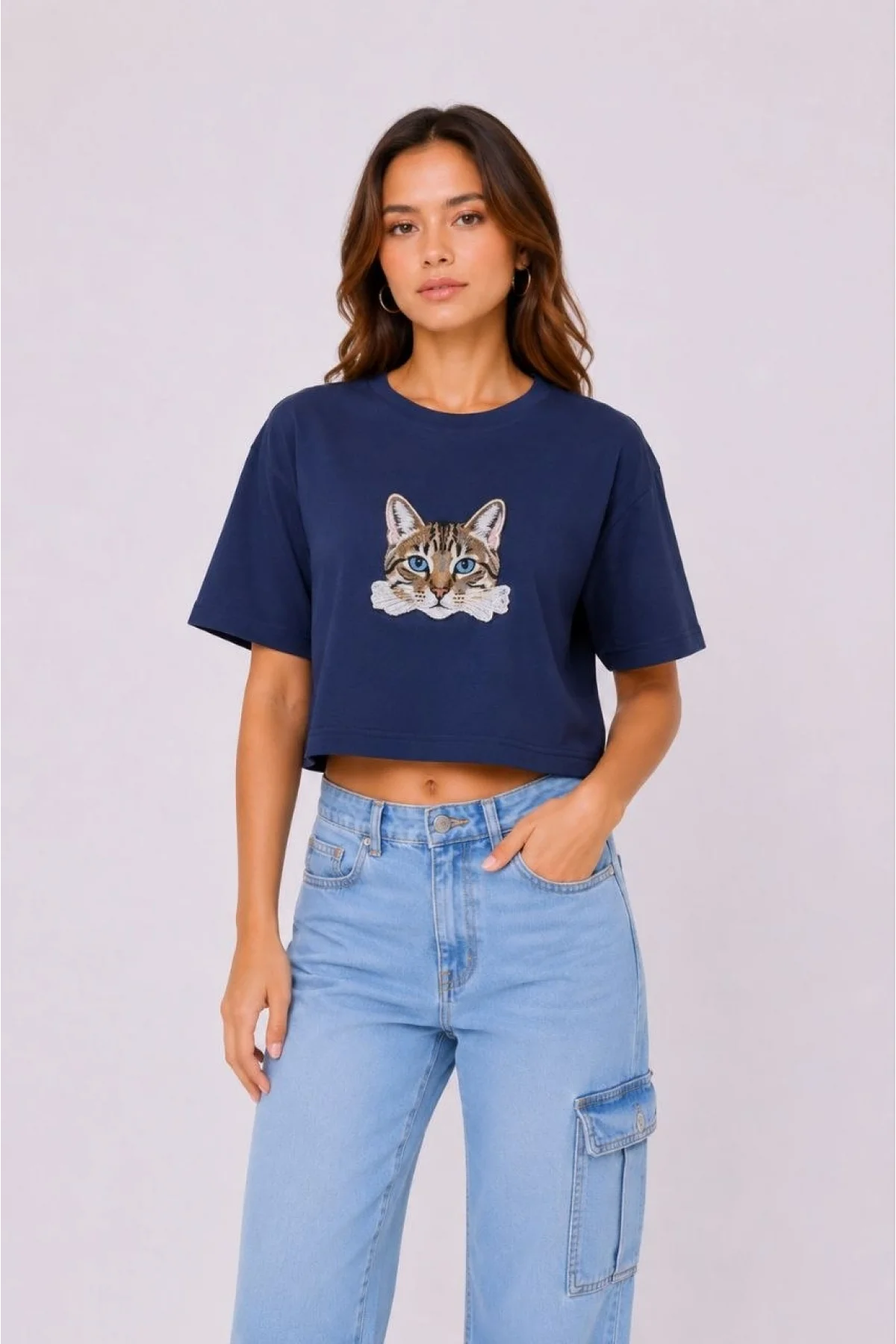 Kadın Kedi Baskılı Oversize Crop Tişört Salaş Basic Yarım Kol T-shirt - Lacivert