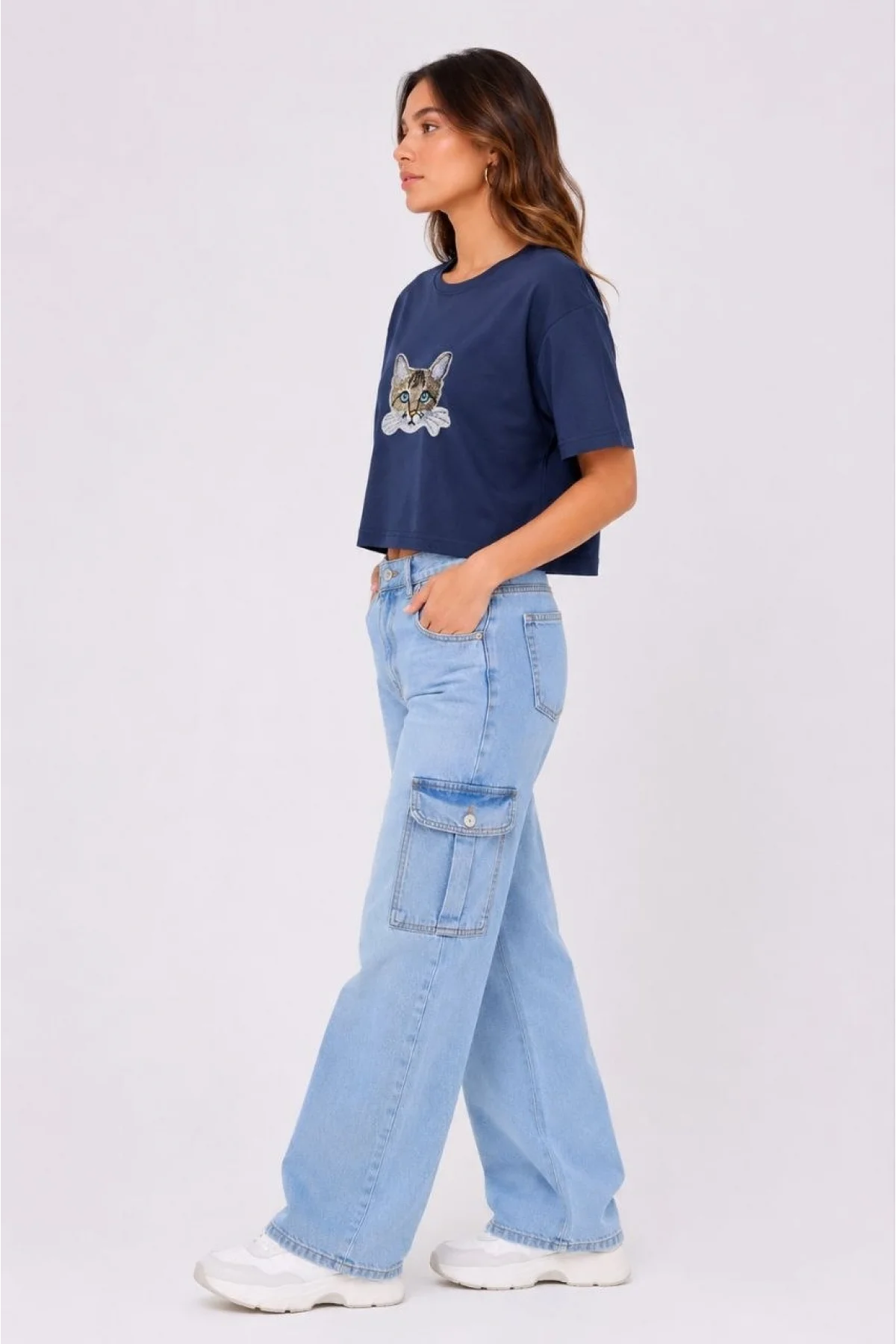 Kadın Kedi Baskılı Oversize Crop Tişört Salaş Basic Yarım Kol T-shirt - Lacivert
