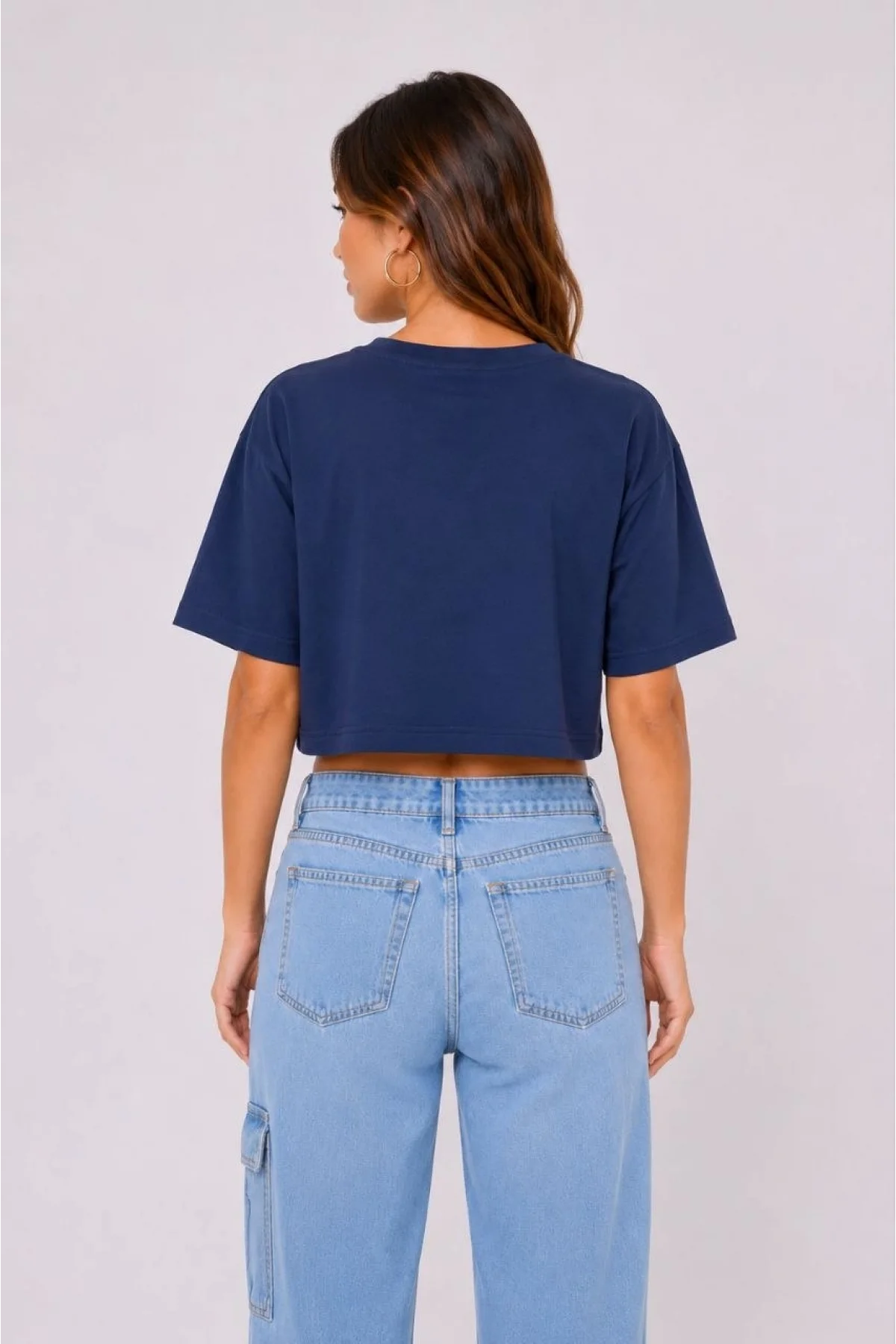 Kadın Kedi Baskılı Oversize Crop Tişört Salaş Basic Yarım Kol T-shirt - Lacivert