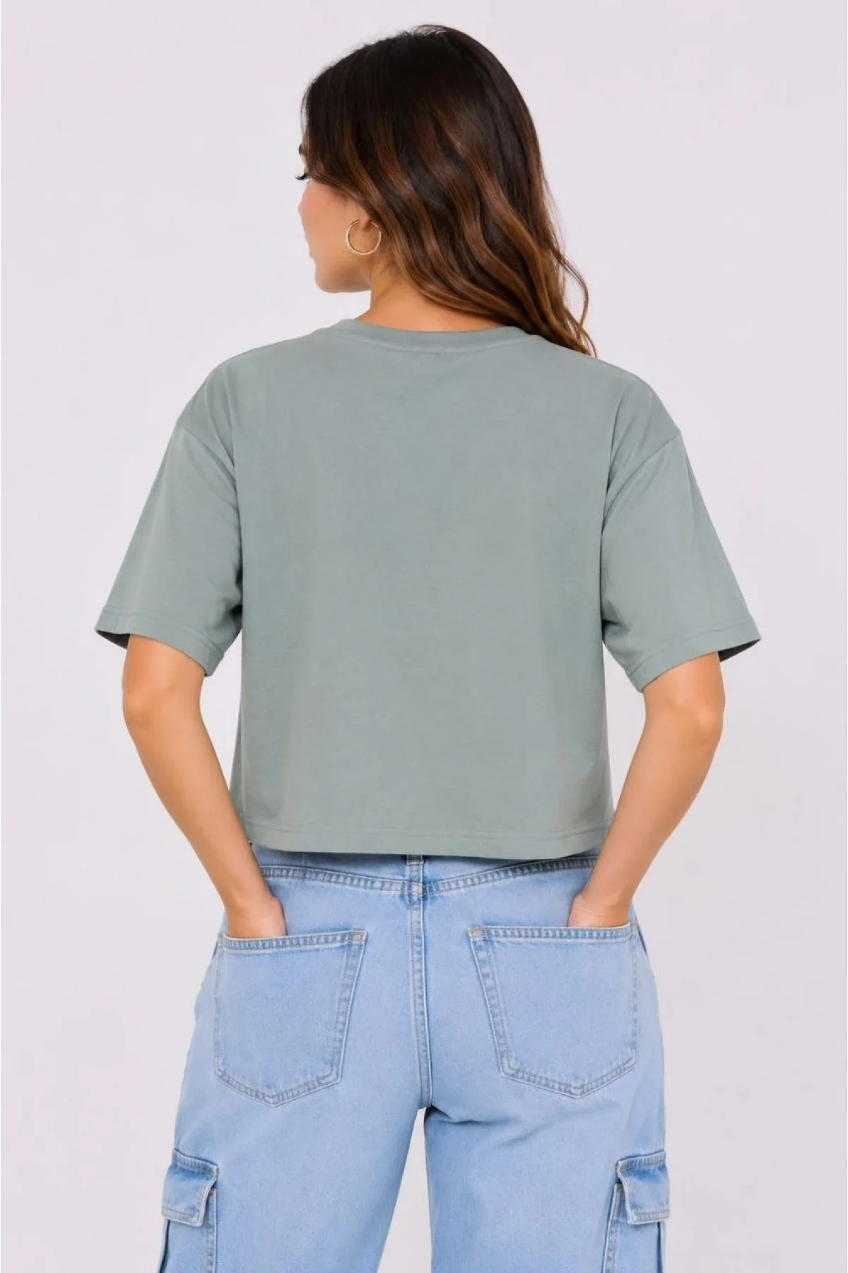 Kadın Kedi Baskılı Oversize Crop Tişört Salaş Basic Yarım Kol T-shirt - Mint Yeşili