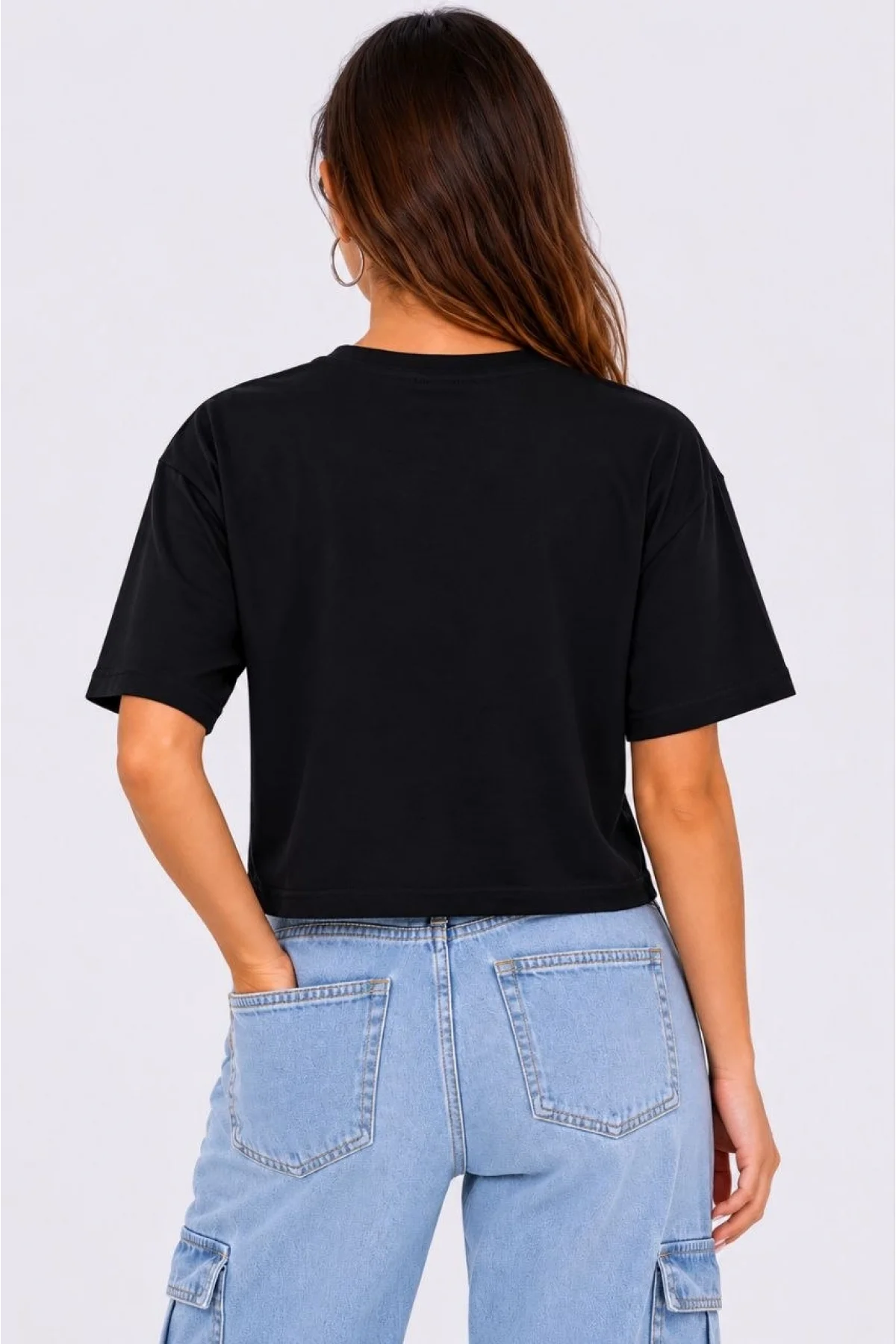 Kadın Kedi Baskılı Oversize Crop Tişört Salaş Basic Yarım Kol T-shirt - Siyah