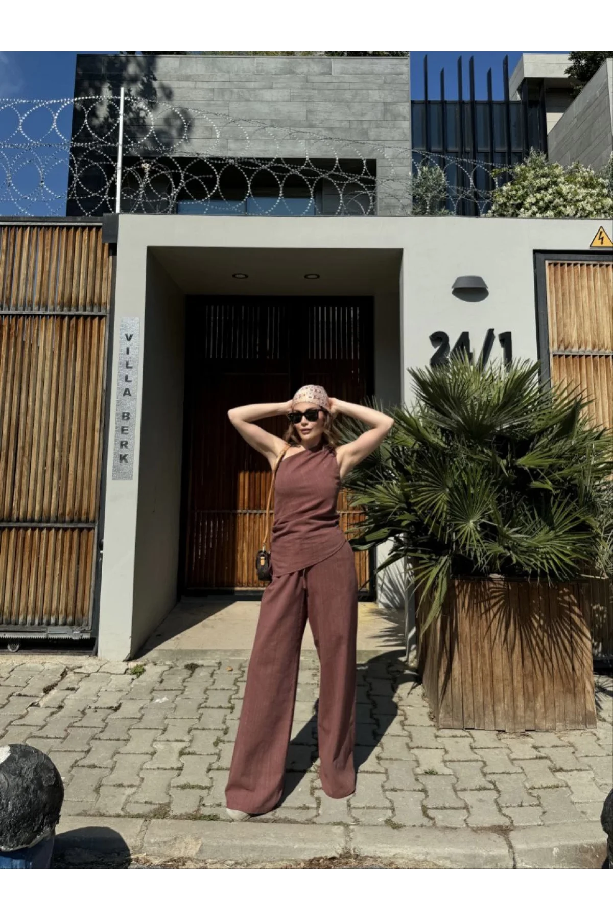 Kadın Keten Asimetrik Tek Omuzlu Bluz Pantalon Takım- Bordo