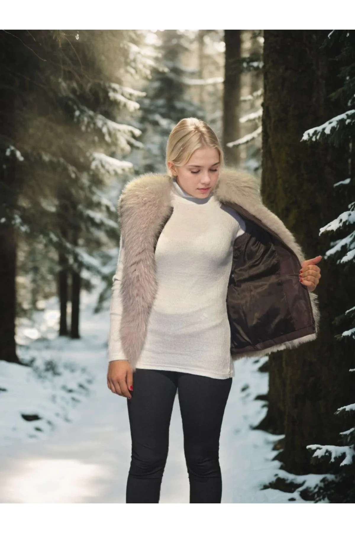 Kadın Kolsuz Fermuarlı Yelek - Kahve