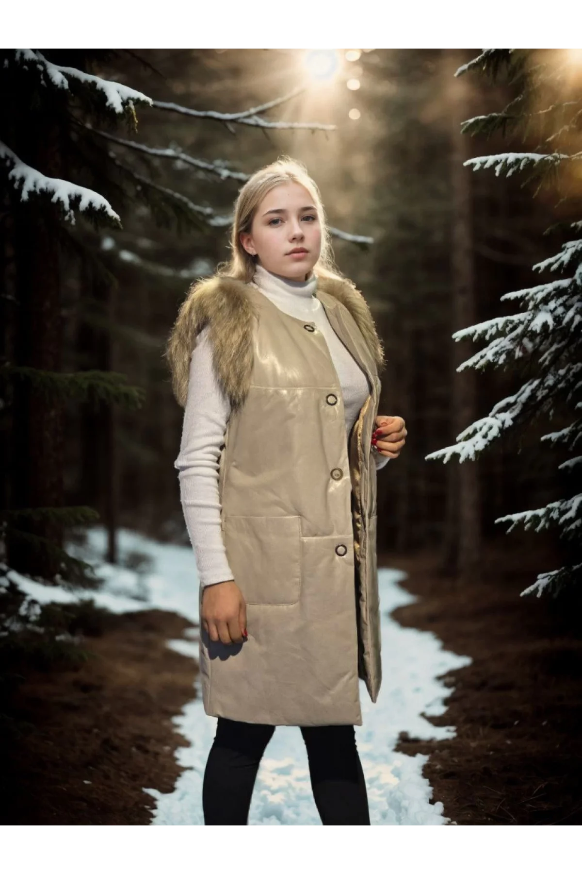 Kadın Kolsuz Hakiki Deri Kürk - Krem