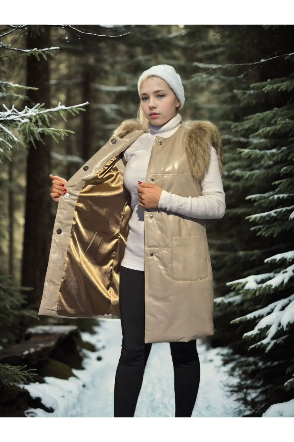 Kadın Kolsuz Hakiki Deri Kürk - Krem