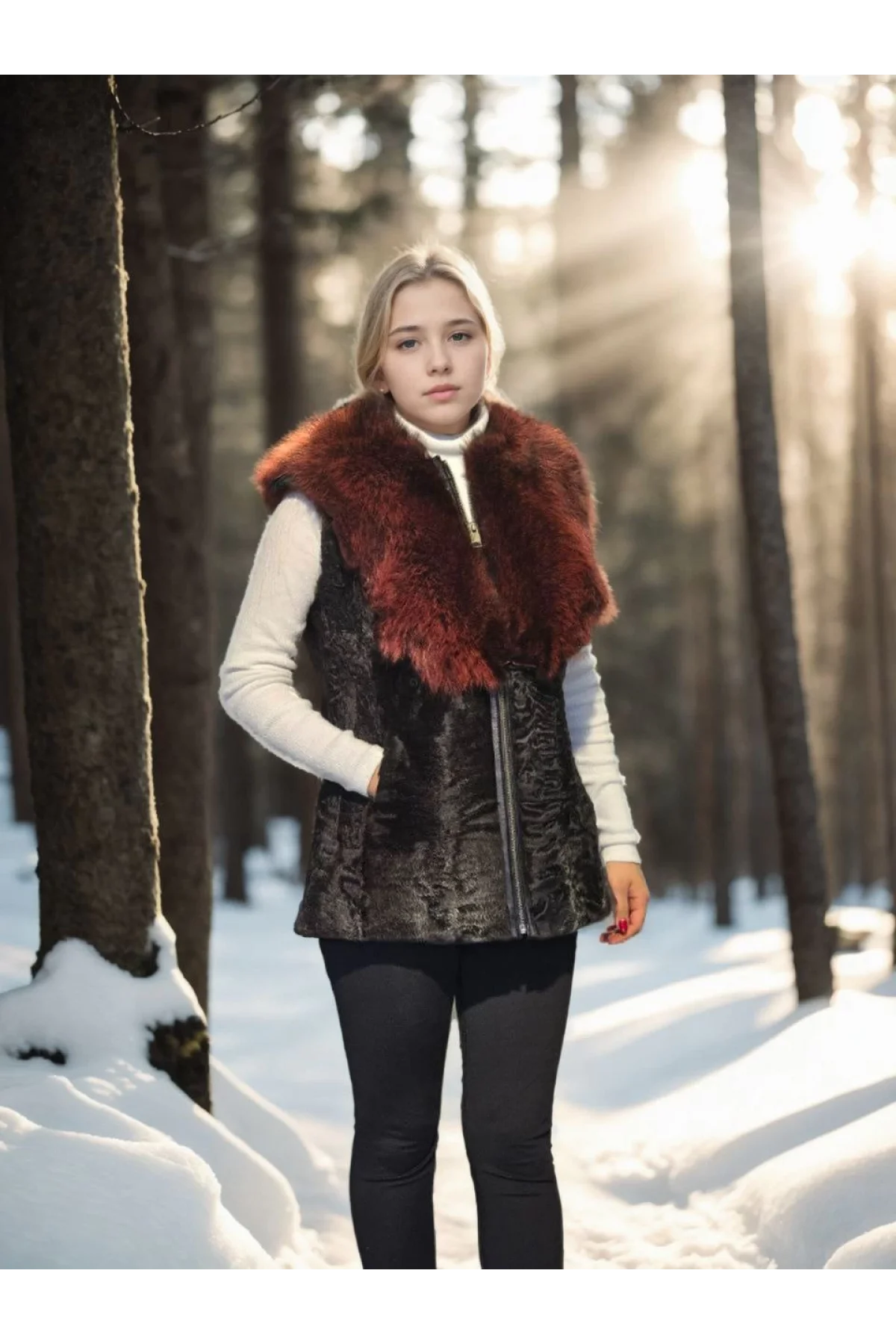 Kadın Kolsuz Hakiki Kürk - Siyah