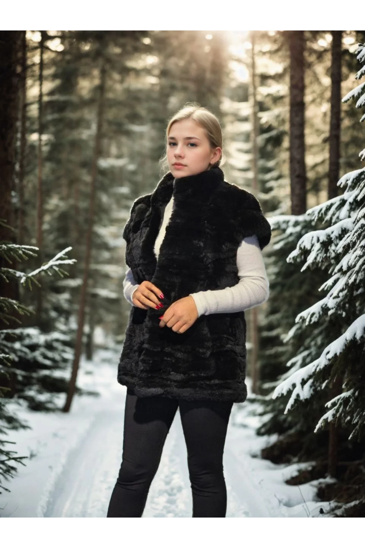 Kadın Kolsuz Hakiki Kürk - Siyah