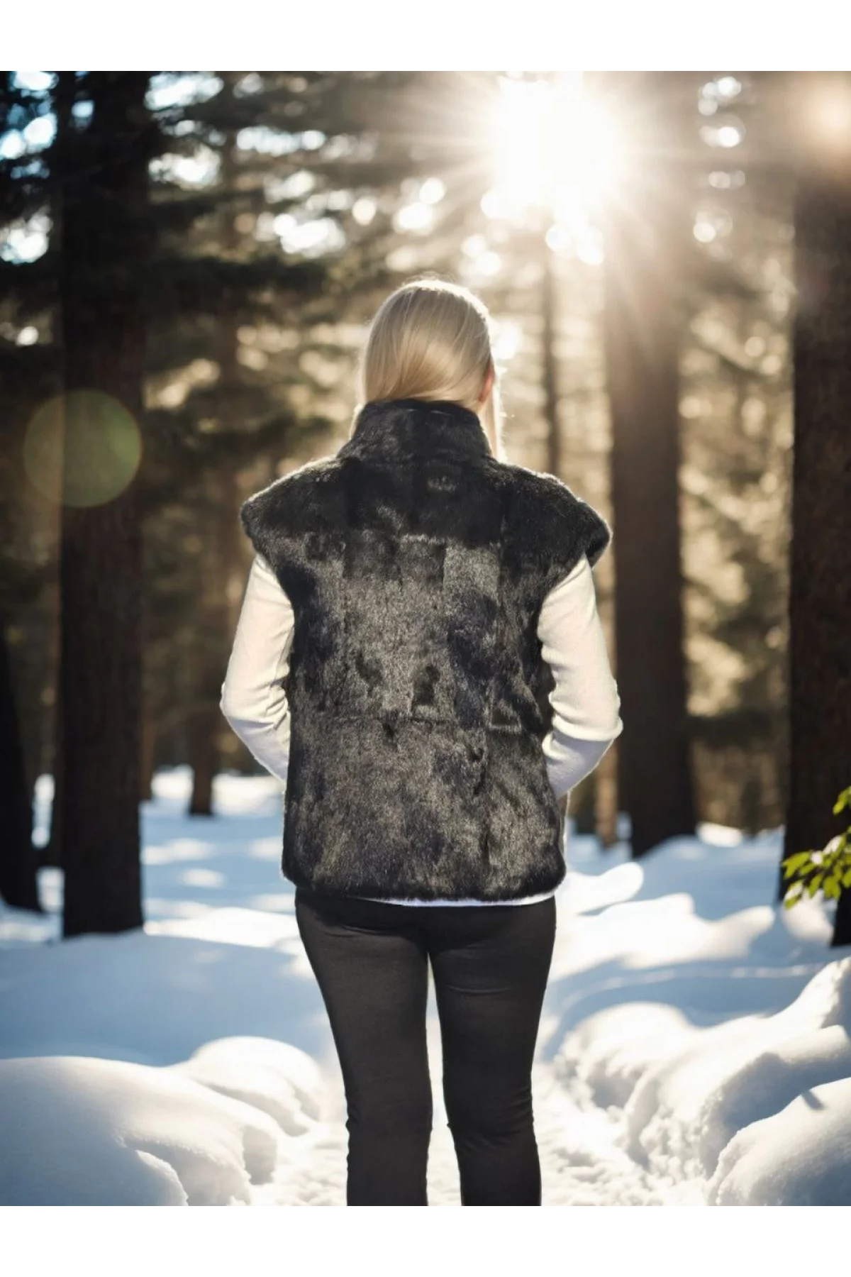 Kadın Kolsuz Hakiki Kürk - Siyah