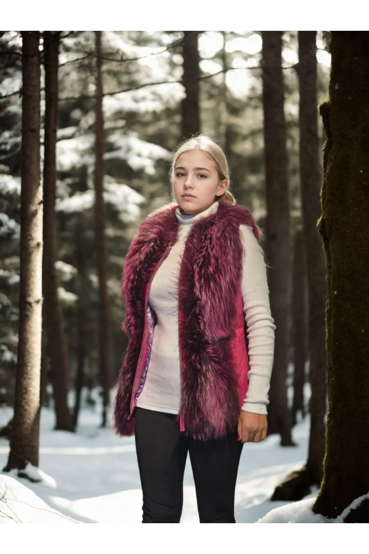 Kadın Kolsuz Hakiki Yelek - Fuşya