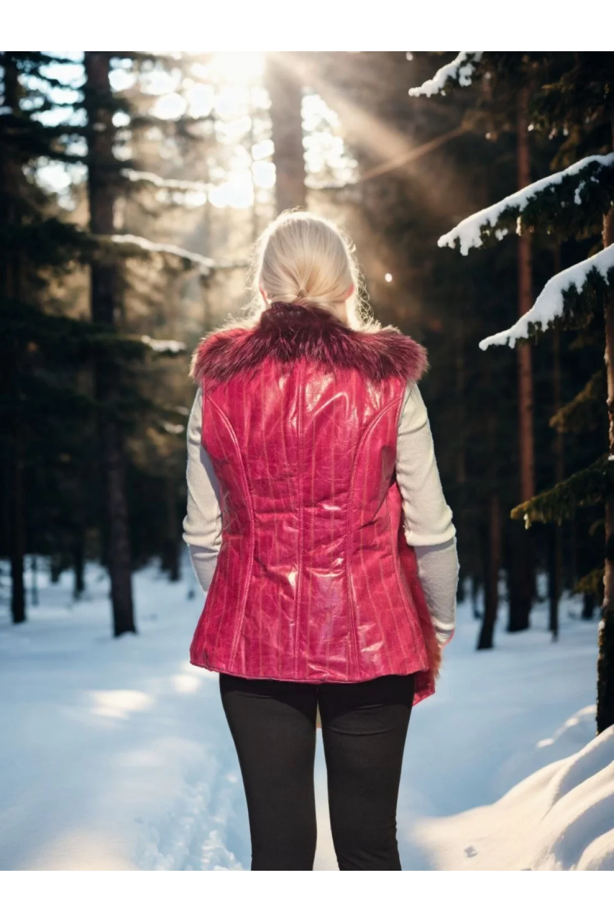 Kadın Kolsuz Hakiki Yelek - Fuşya