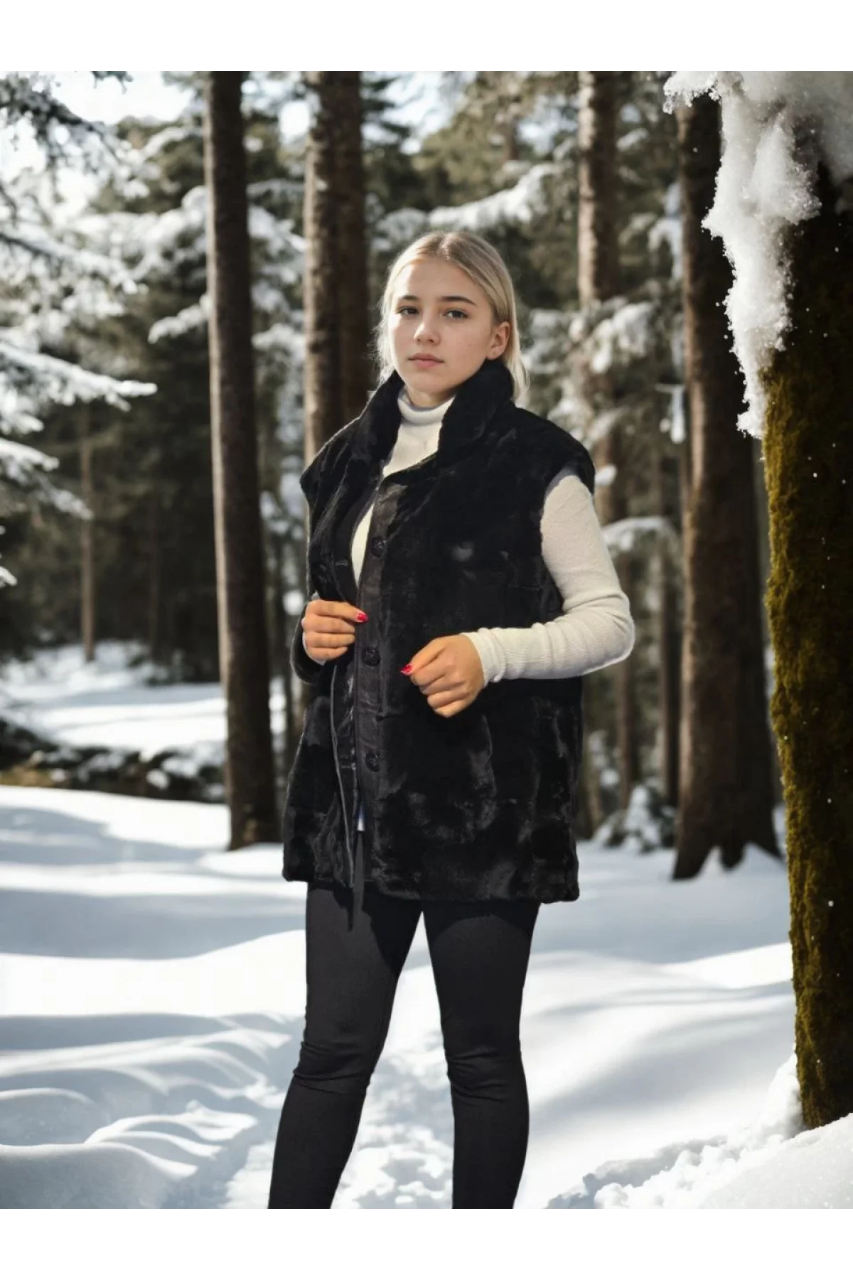 Kadın Kolsuz Hakiki Yelek - Siyah