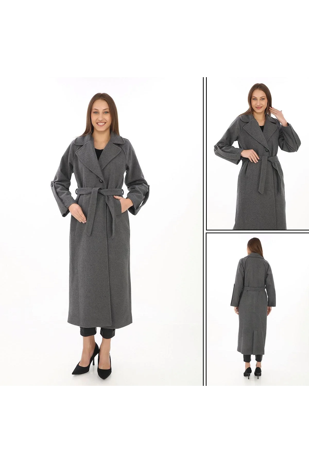 Kadın Uzun Kaşe Kaban – Yünlü Dokuma Kaşmir Kumaş, Kruvaze Yaka, Kuşaklı Astarlı Tesettür Uyumlu Şık Kışlık Siyah Model - Füme