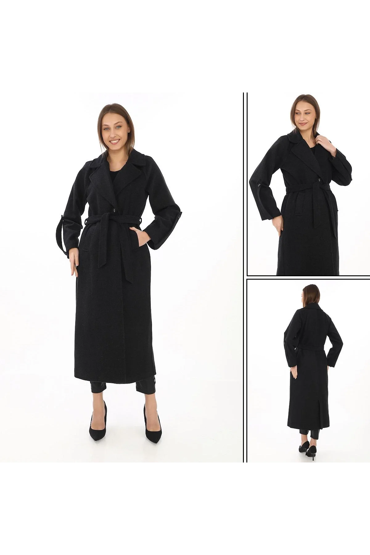 Kadın Uzun Kaşe Kaban – Yünlü Dokuma Kaşmir Kumaş, Kruvaze Yaka, Kuşaklı Astarlı Tesettür Uyumlu Şık Kışlık Siyah Model - Siyah