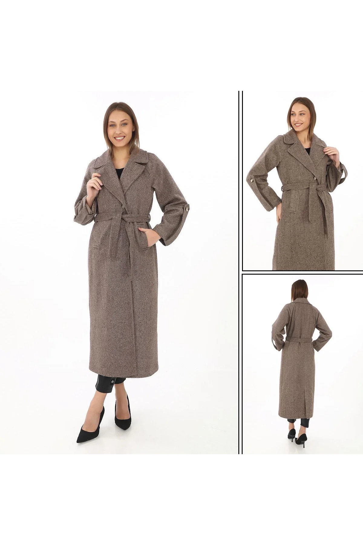 Kadın Uzun Kaşe Kaban – Yünlü Dokuma Kaşmir Kumaş, Kruvaze Yaka, Kuşaklı Astarlı Tesettür Uyumlu Şık Kışlık Siyah Model- Vizon