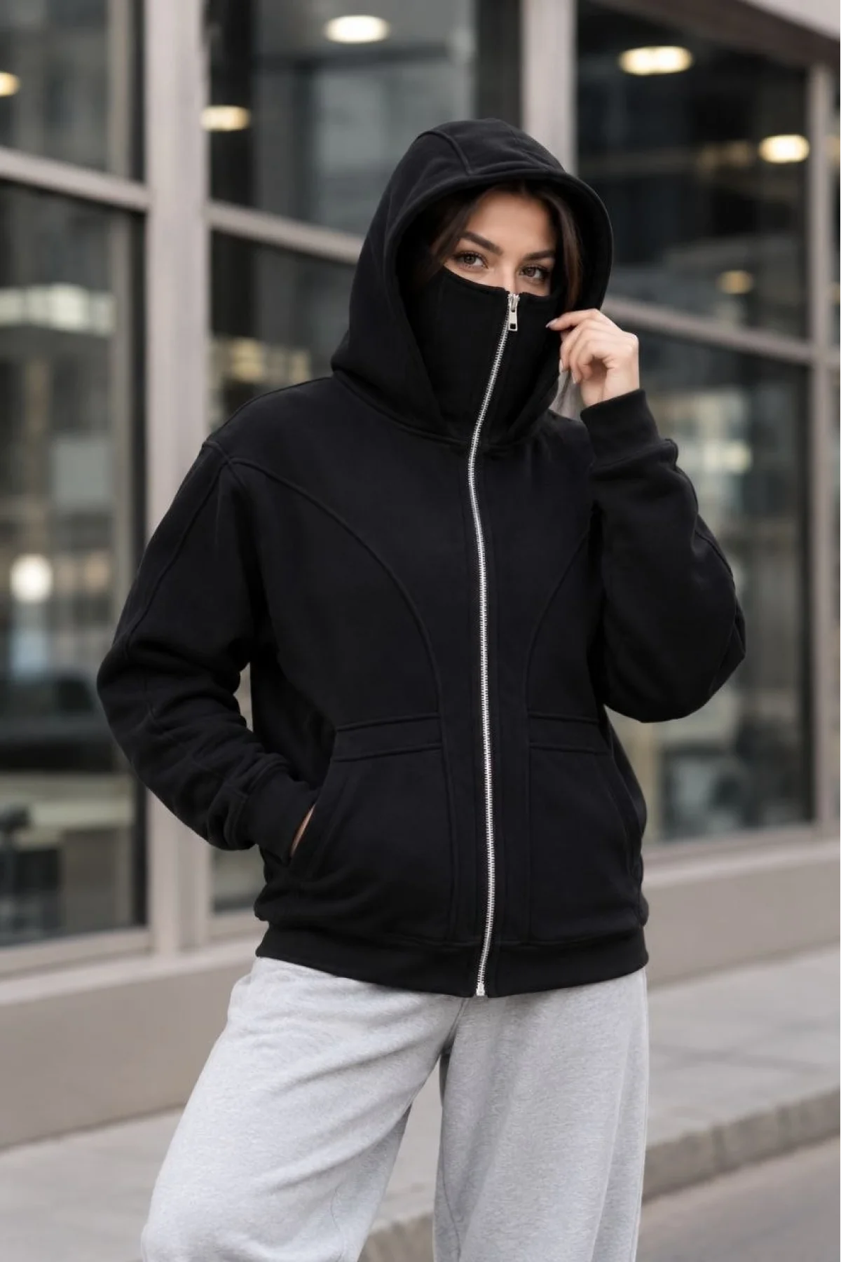 Kadın Maskeli Ninja Model Çift Kapüşonlu 3 İplik Şardonlu Fermuarlı Oversize Sweatshirt - Siyah