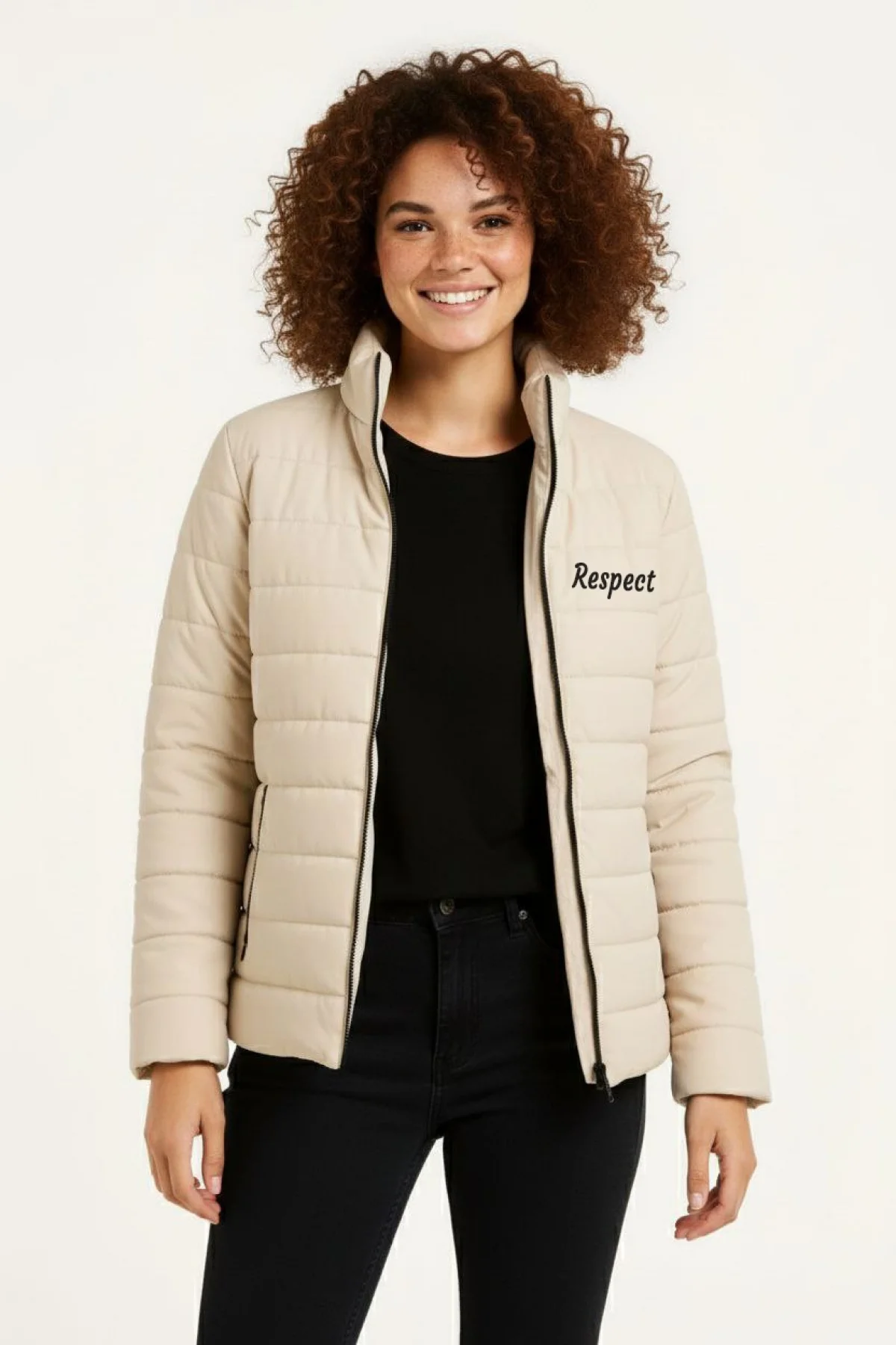 Kadın Mikro Su İtici Kapitone Baskılı Astarlı Fermuarlı Bomber Mont - Bej