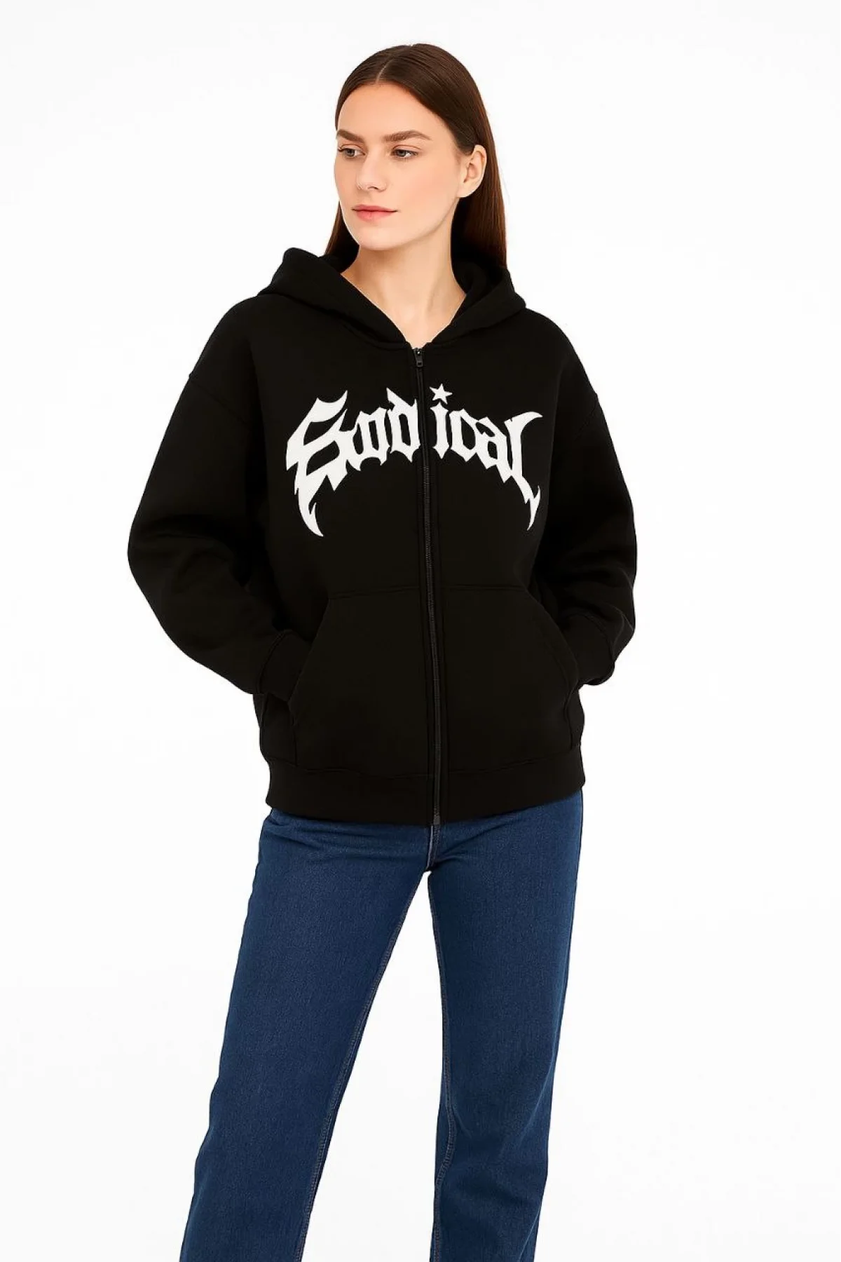 Kadın Kapüşonlu 3 İplik Şardonlu Önü Baskılı Fermuarlı Oversize Sweatshirt - Siyah