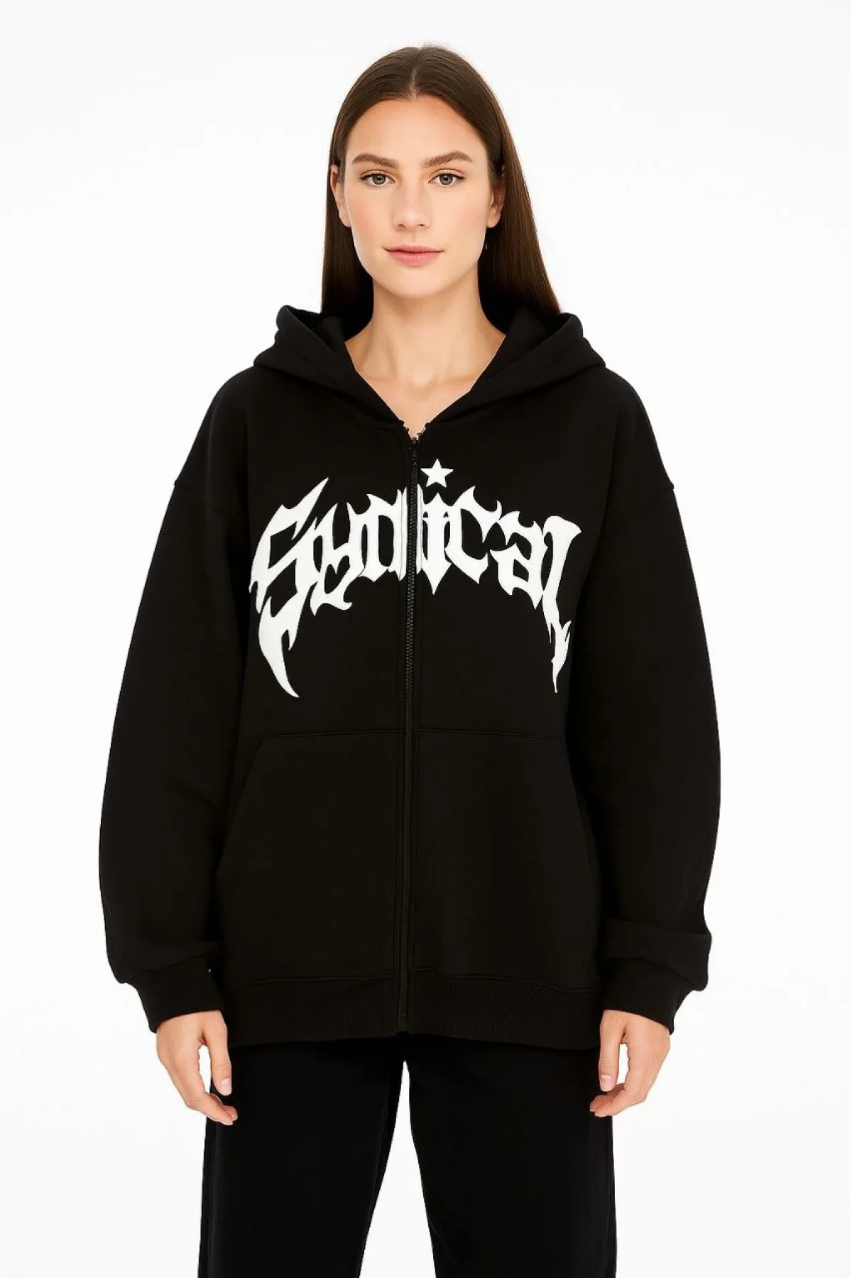 Kadın Kapüşonlu 3 İplik Şardonlu Önü Baskılı Fermuarlı Oversize Sweatshirt - Siyah