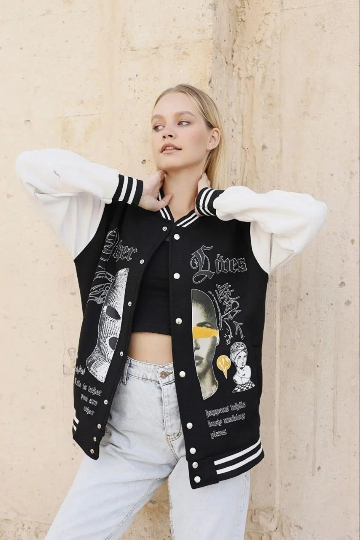 Kadın Oversize Kolej Tarzı Sweatshirt – 3 İplik İçi Pamuklu, Baskılı, Rahat Günlük Ceket - Siyah