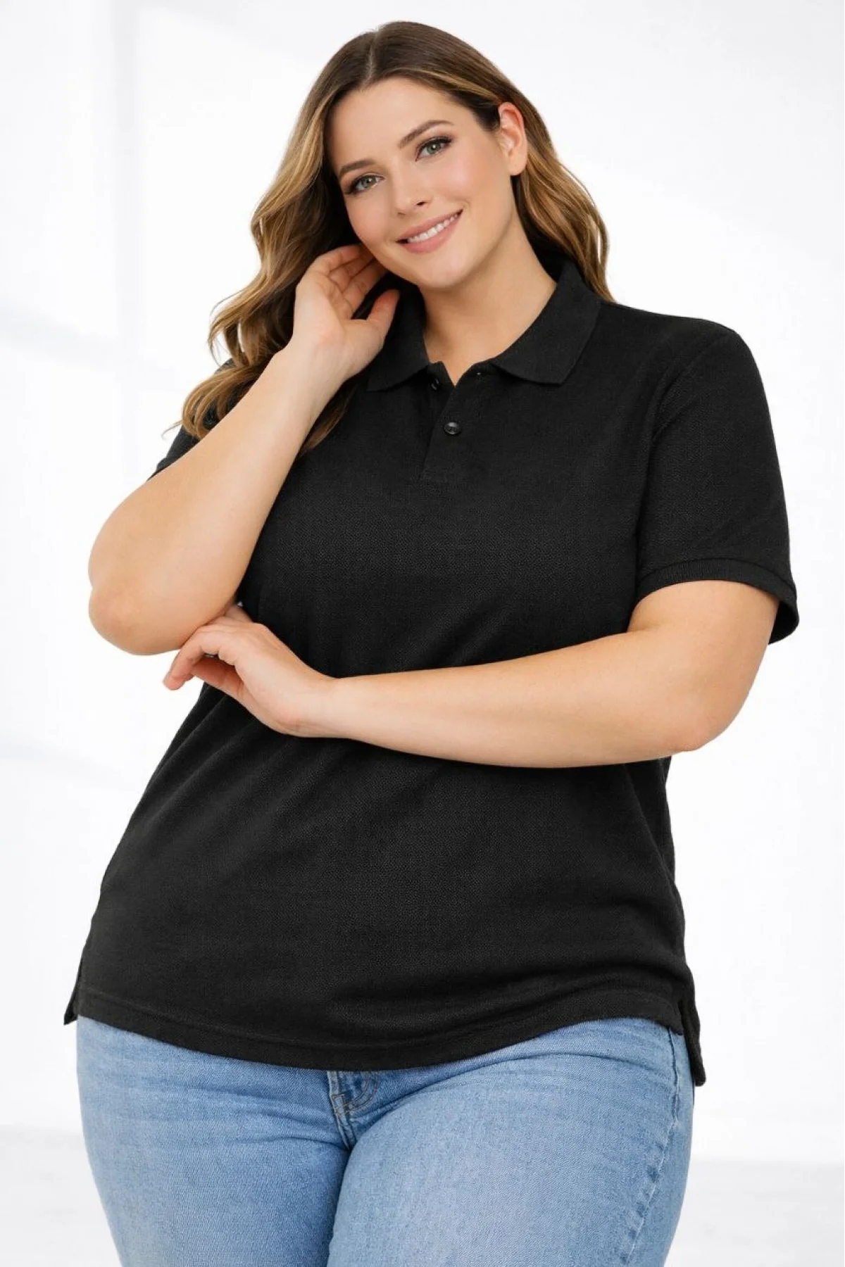 Kadın Pike Kumaş Düğmeli Yaka Battal Büyük Beden Günlük Kısa kol Tişört T-shirt - Siyah