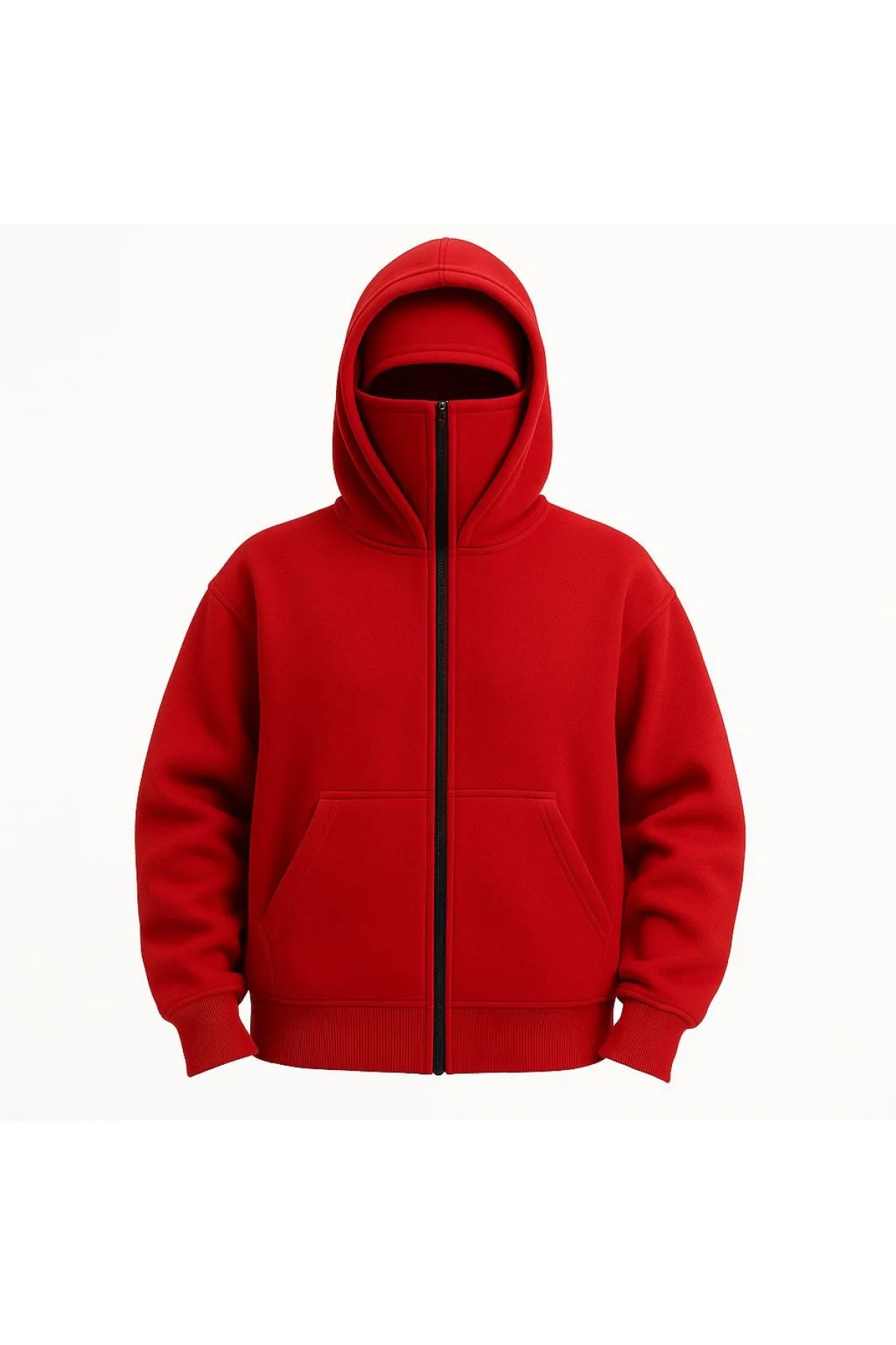Kadın Samuray Ninja Çift Kapüşonlu Maske Detaylı Fermuarlı Kanguru Cepli Hoodie - Kırmızı