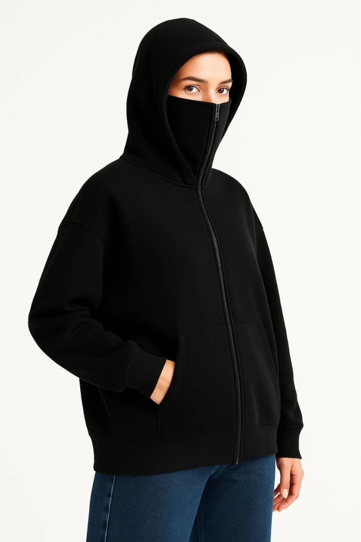 Kadın Samuray Ninja Çift Kapüşonlu Maske Detaylı Fermuarlı Kanguru Cepli Hoodie - Siyah