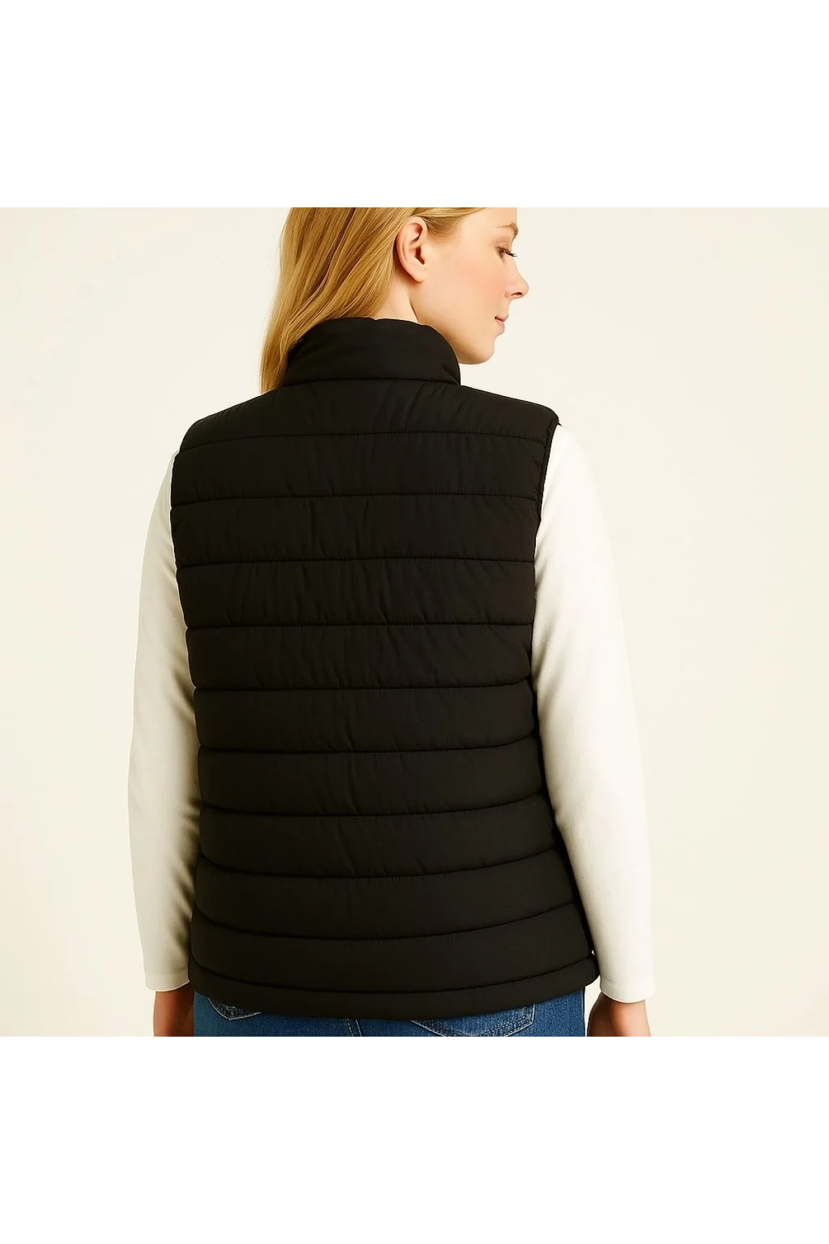 Kadın Şişme Fermuarlı Yelek Su itici Kapitone Astarlı Kumaş Cepli Hafif Kışlık Spor Rahat Kalıp - Siyah