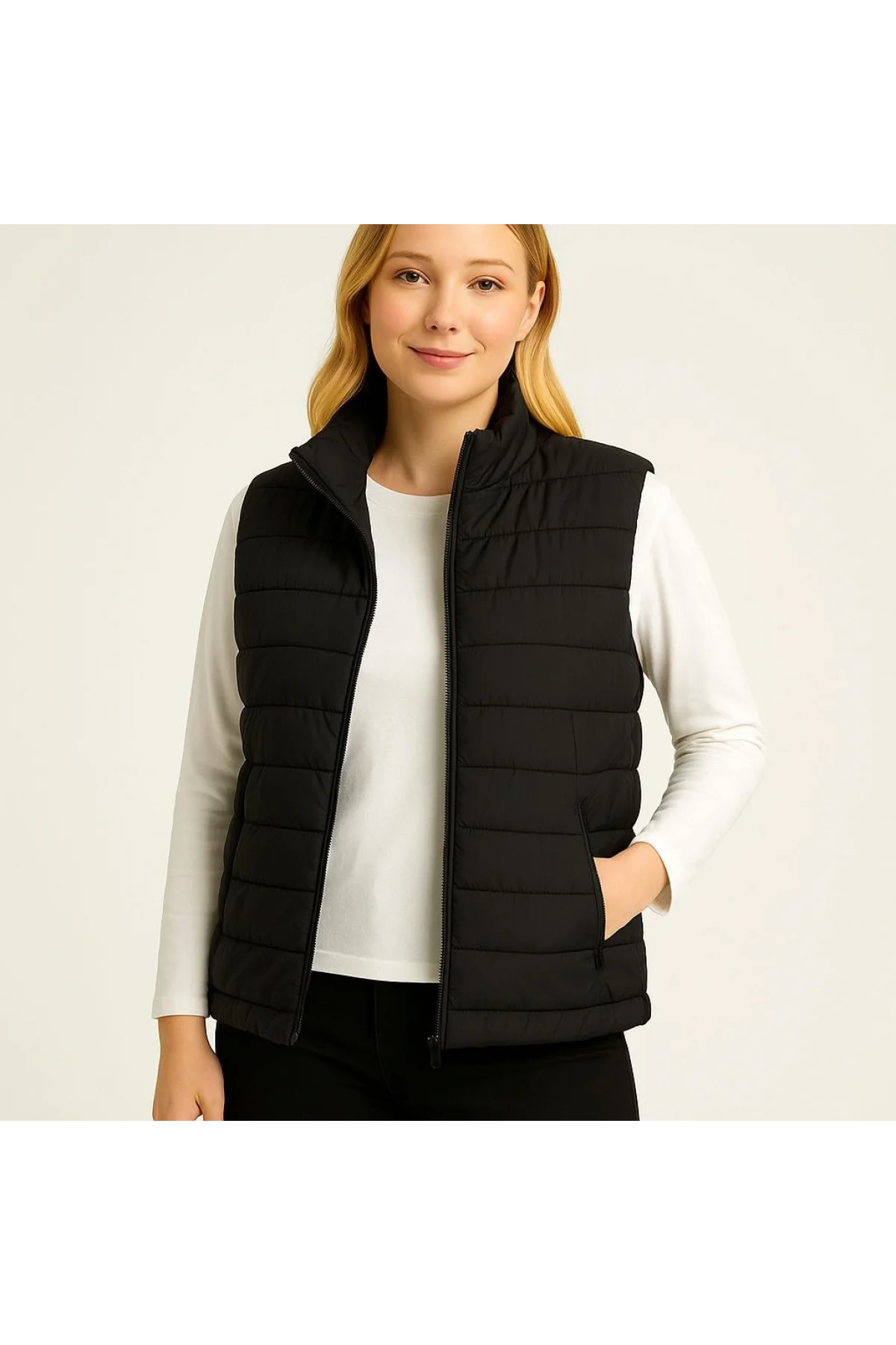 Kadın Şişme Fermuarlı Yelek Su itici Kapitone Astarlı Kumaş Cepli Hafif Kışlık Spor Rahat Kalıp - Siyah