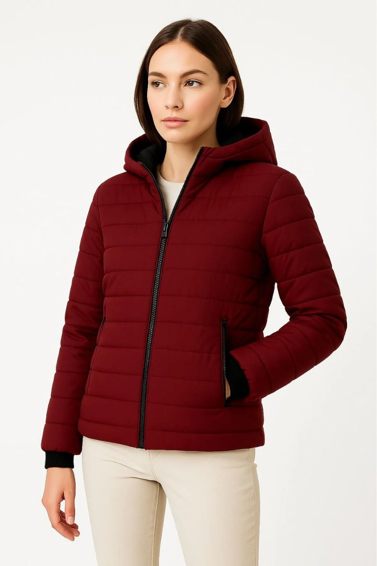 Kadın Şişme Kapüşonlu Fermuarlı Mont Su itici Kapitone Astarlı Kumaş Cepli Kışlık Rahat Kalıp - Bordo