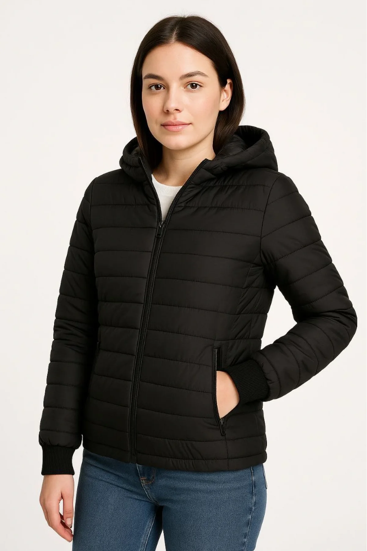 Kadın Şişme Kapüşonlu Fermuarlı Mont Su itici Kapitone Astarlı Kumaş Cepli Kışlık Rahat Kalıp - Siyah