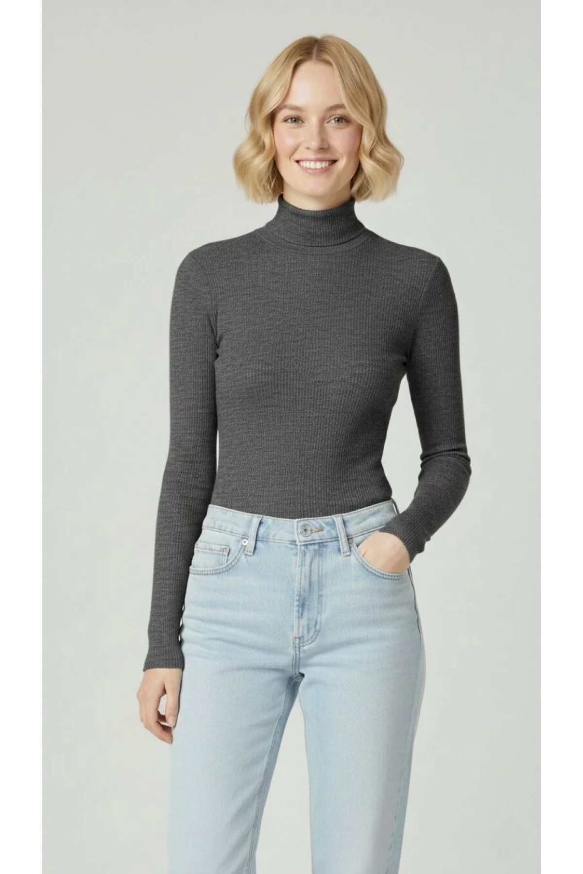 Kadın Tam Boğazlı Fitilli Likrali Kaşkorse Badi İnce Uzun Kollu Kazak - Antrasit