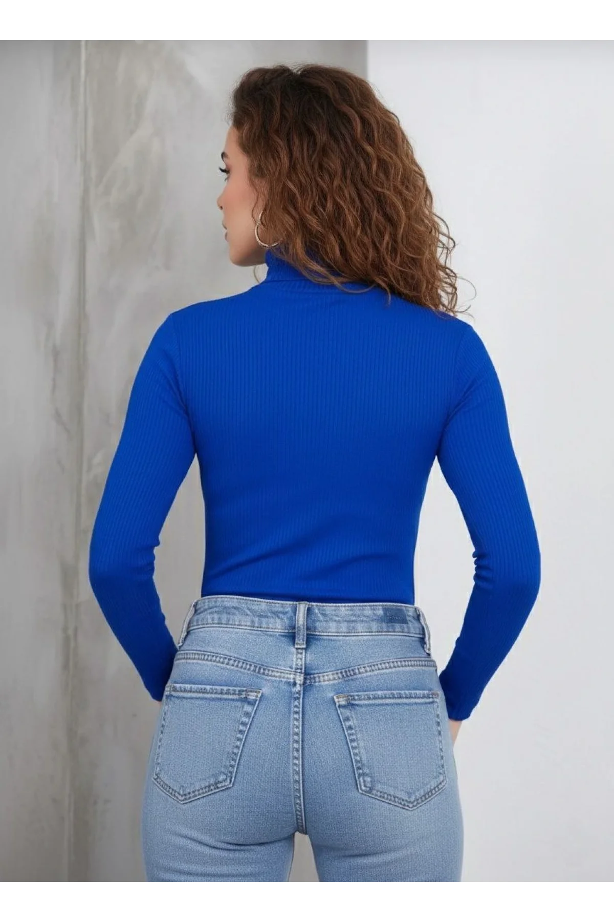 Kadın Tam Boğazlı Fitilli Likrali Kaşkorse Badi İnce Uzun Kollu Kazak - Saks Mavisi