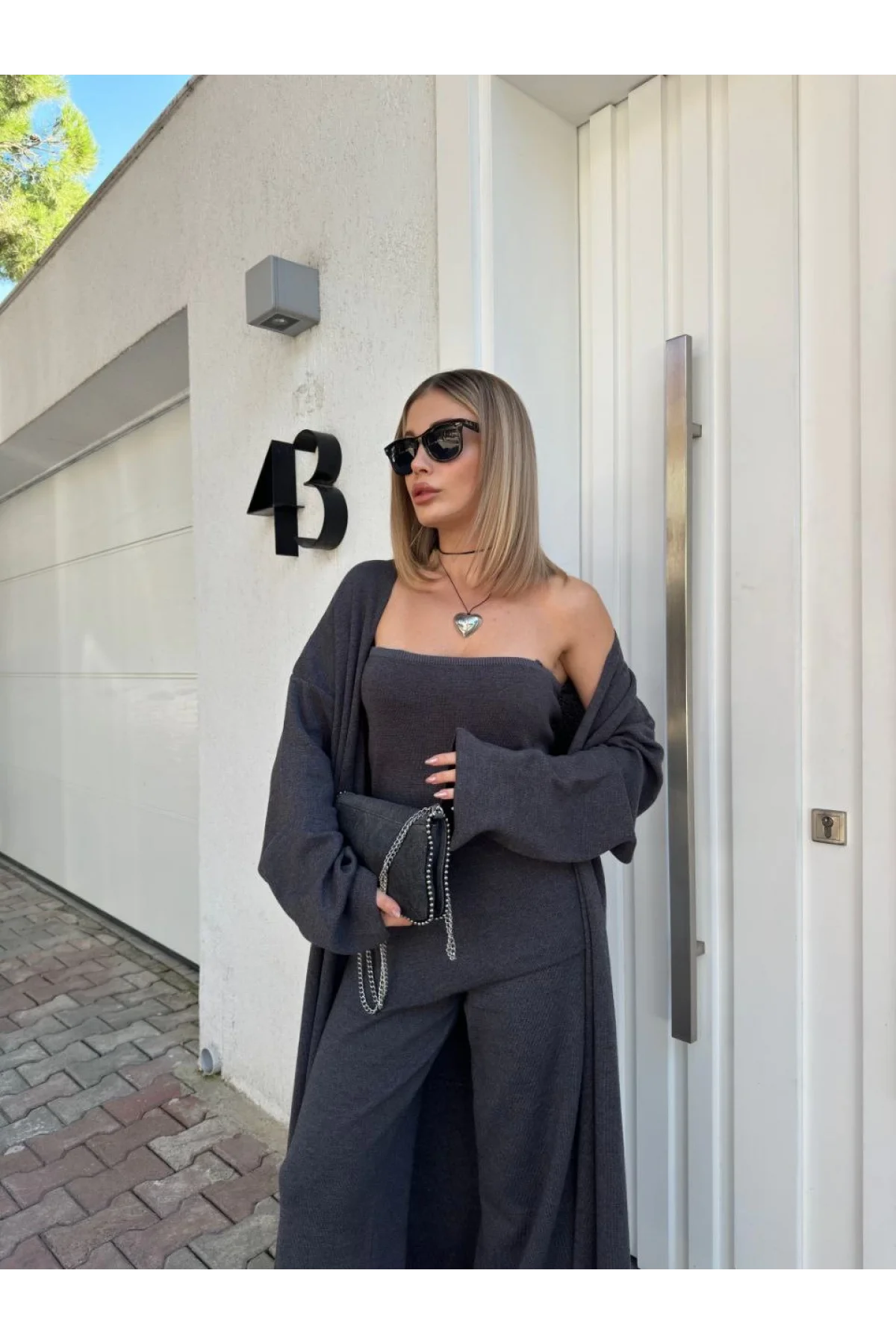 Kadın Triko Üçlü Takım - Füme