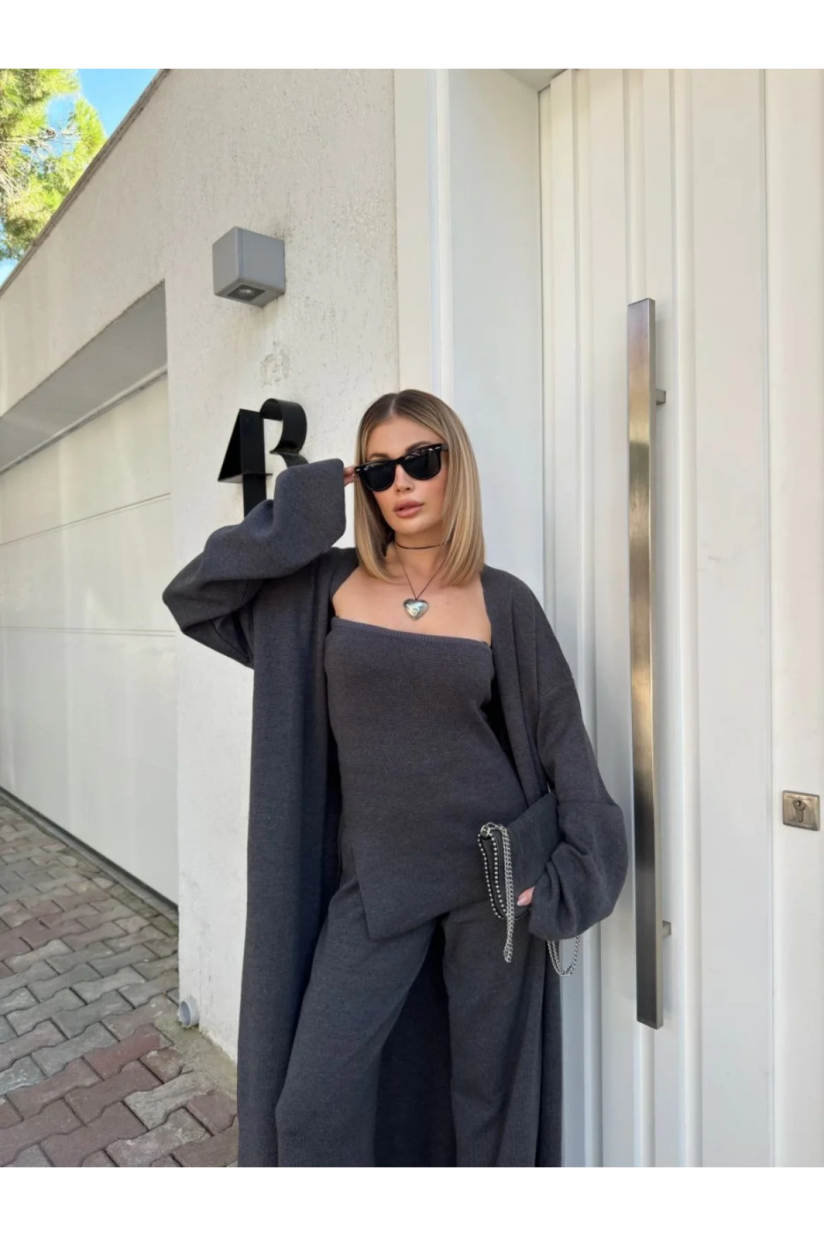 Kadın Triko Üçlü Takım - Füme