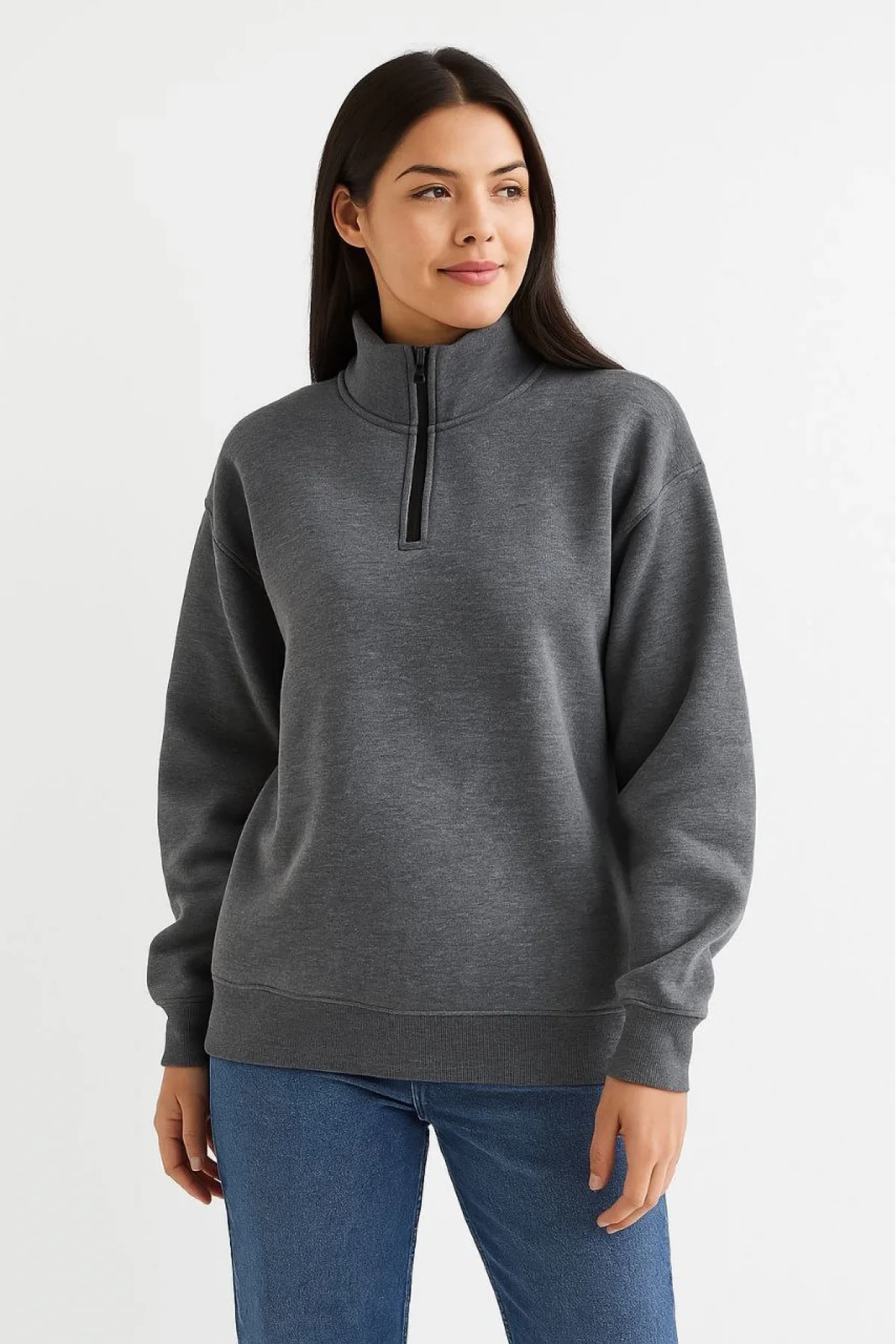 Kadın Üç İplik Dık Yaka Yarım Fermuarlı SweatShirt - Antrasit