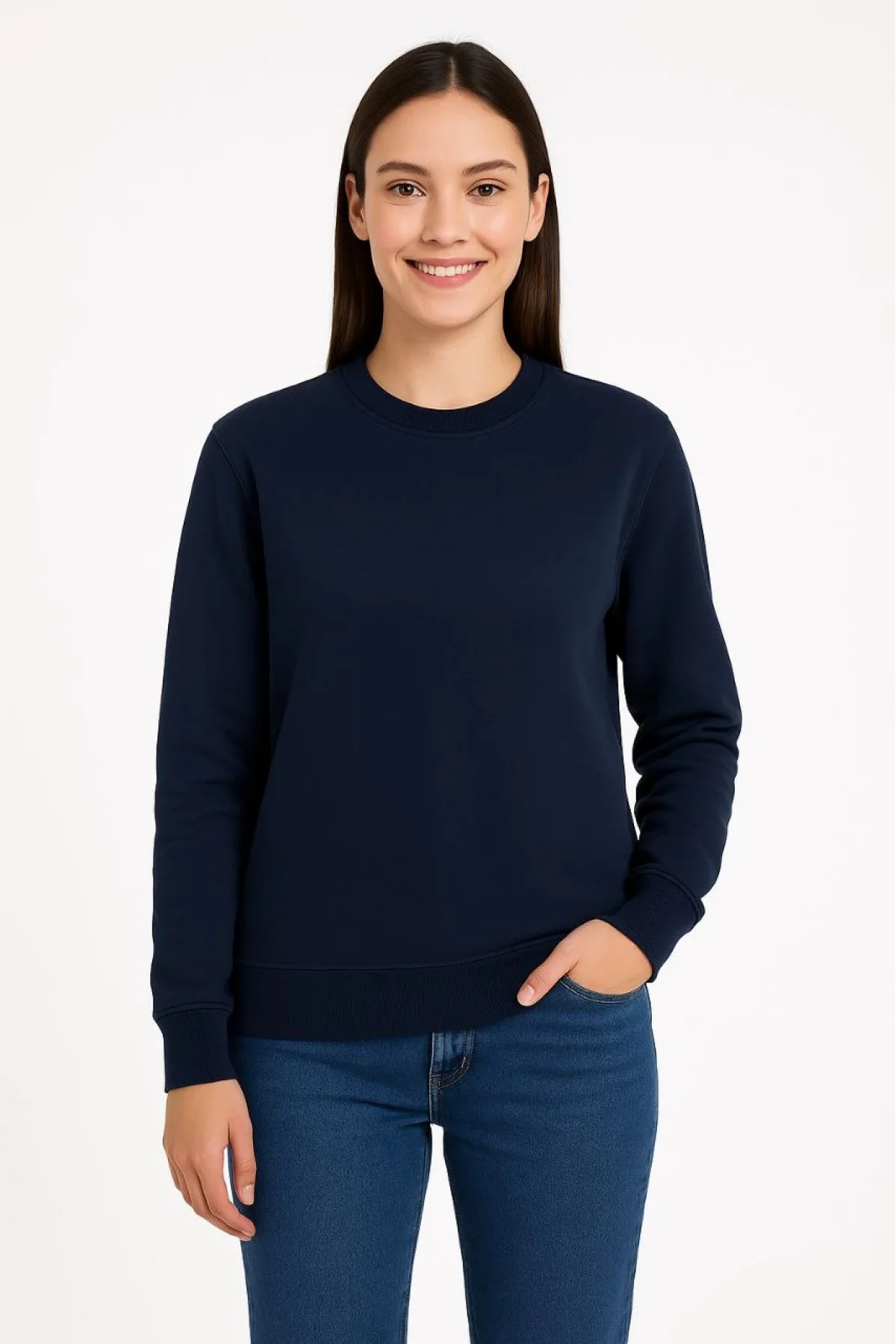 Kadın Üç İplik Düz Bisiklet Yaka SweatShirt - Lacivert