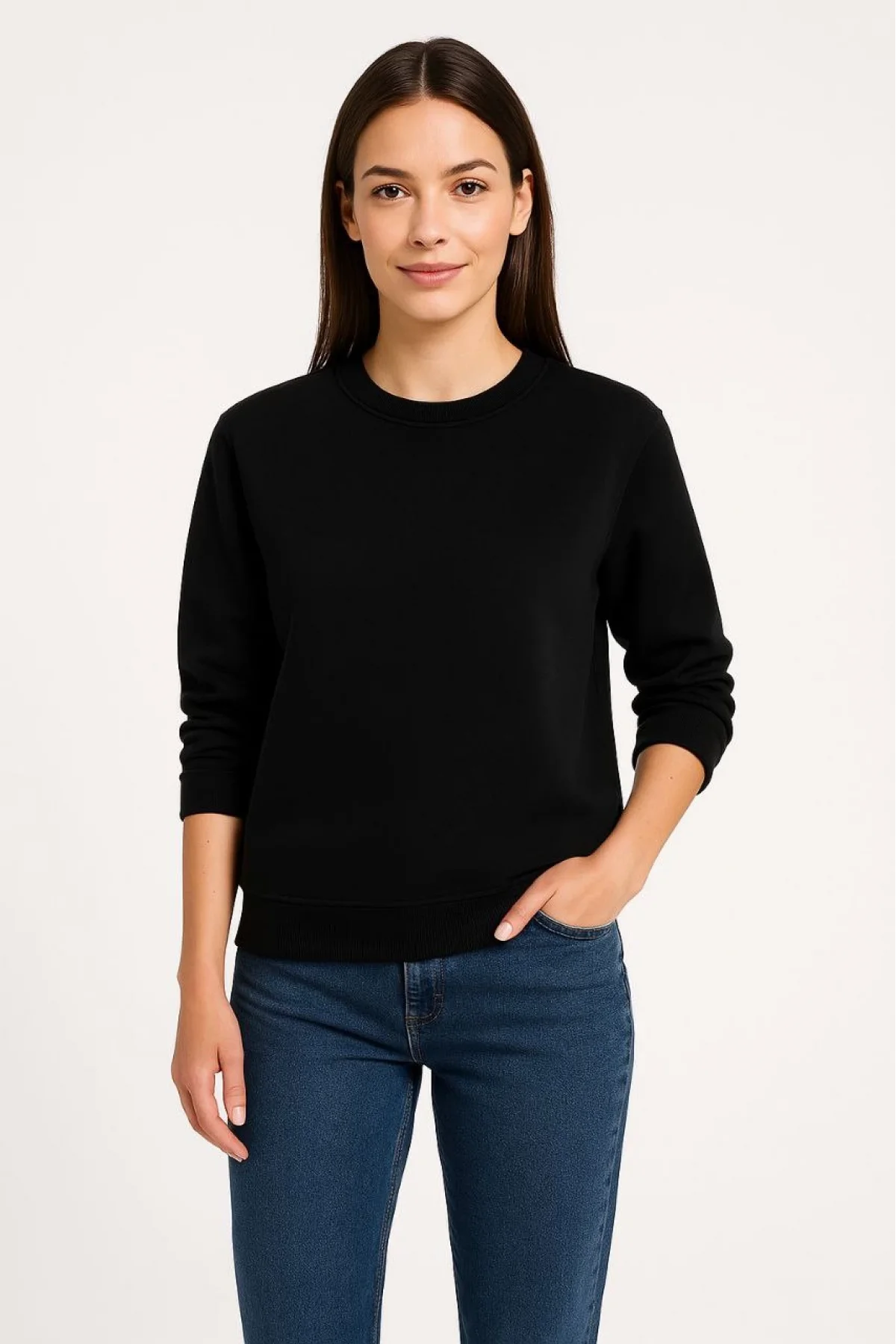 Kadın Üç İplik Düz Bisiklet Yaka SweatShirt - Siyah