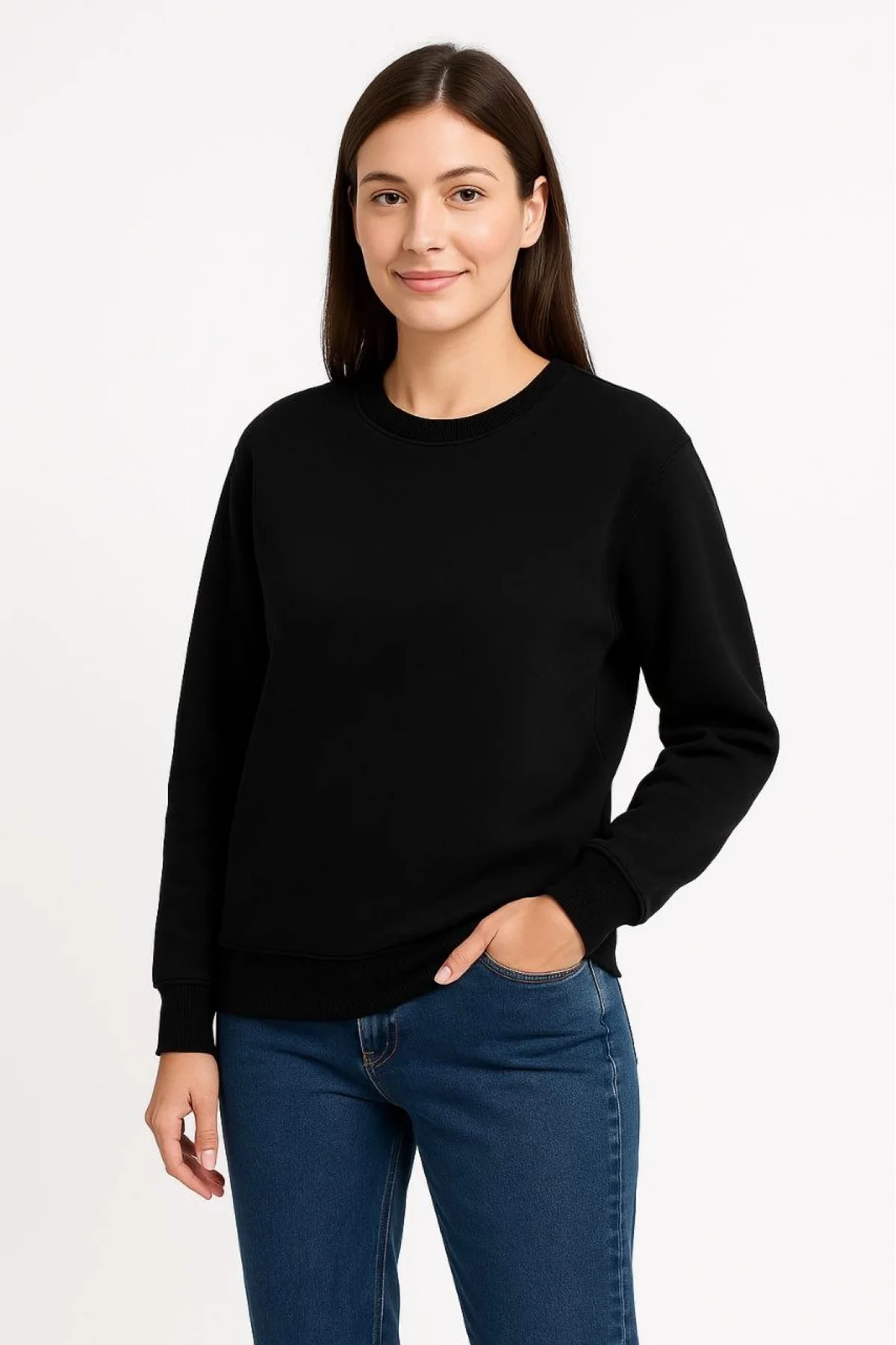 Kadın Üç İplik Düz Bisiklet Yaka SweatShirt - Siyah