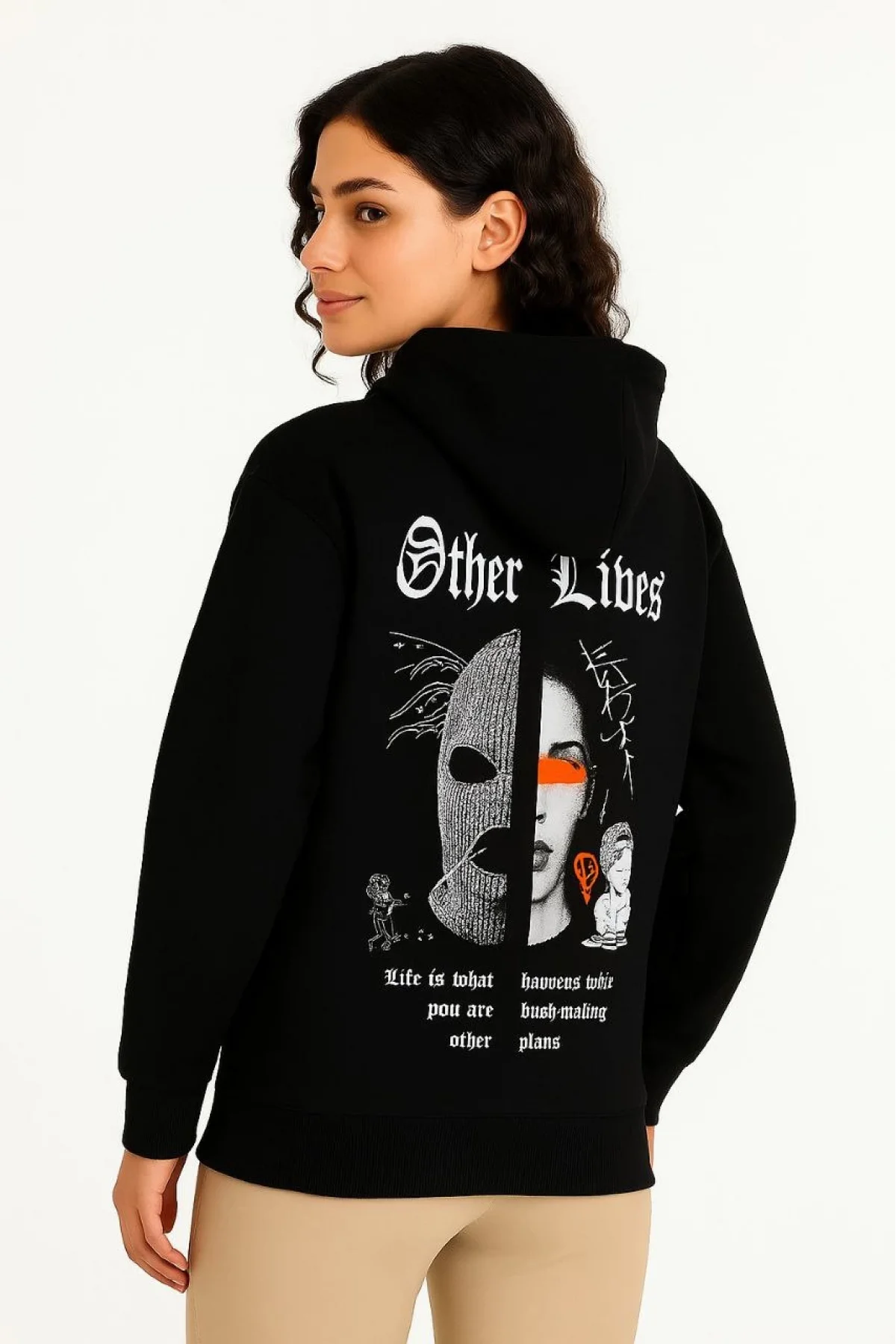 Kadın Kapşonlu Sweatshirt – Oversize Üç İplik Şardonlu Hoodie, “Other Lives” Ön & Arka Baskılı, Kanguru Cepli, Kışlık Rahat Günlük Stil- Siyah
