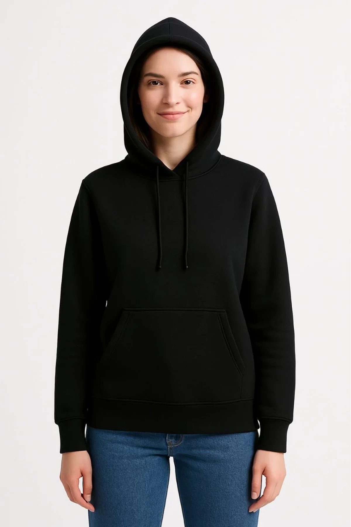 Kadın Üç İplik Kapüşonlu Kanguru Cepli Sweatshirt hoodie - Siyah