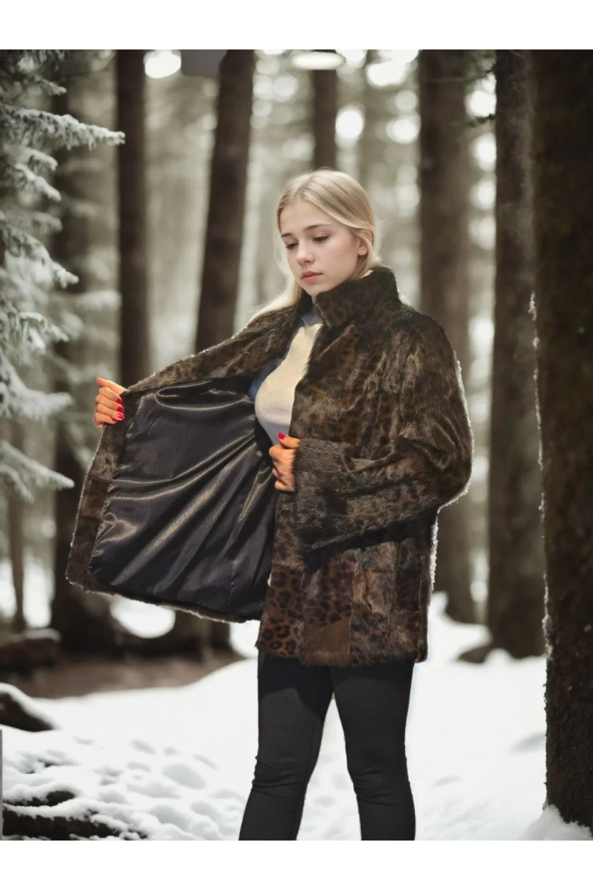 Kadın Uzun Kollu Deri Ceket - Leopar