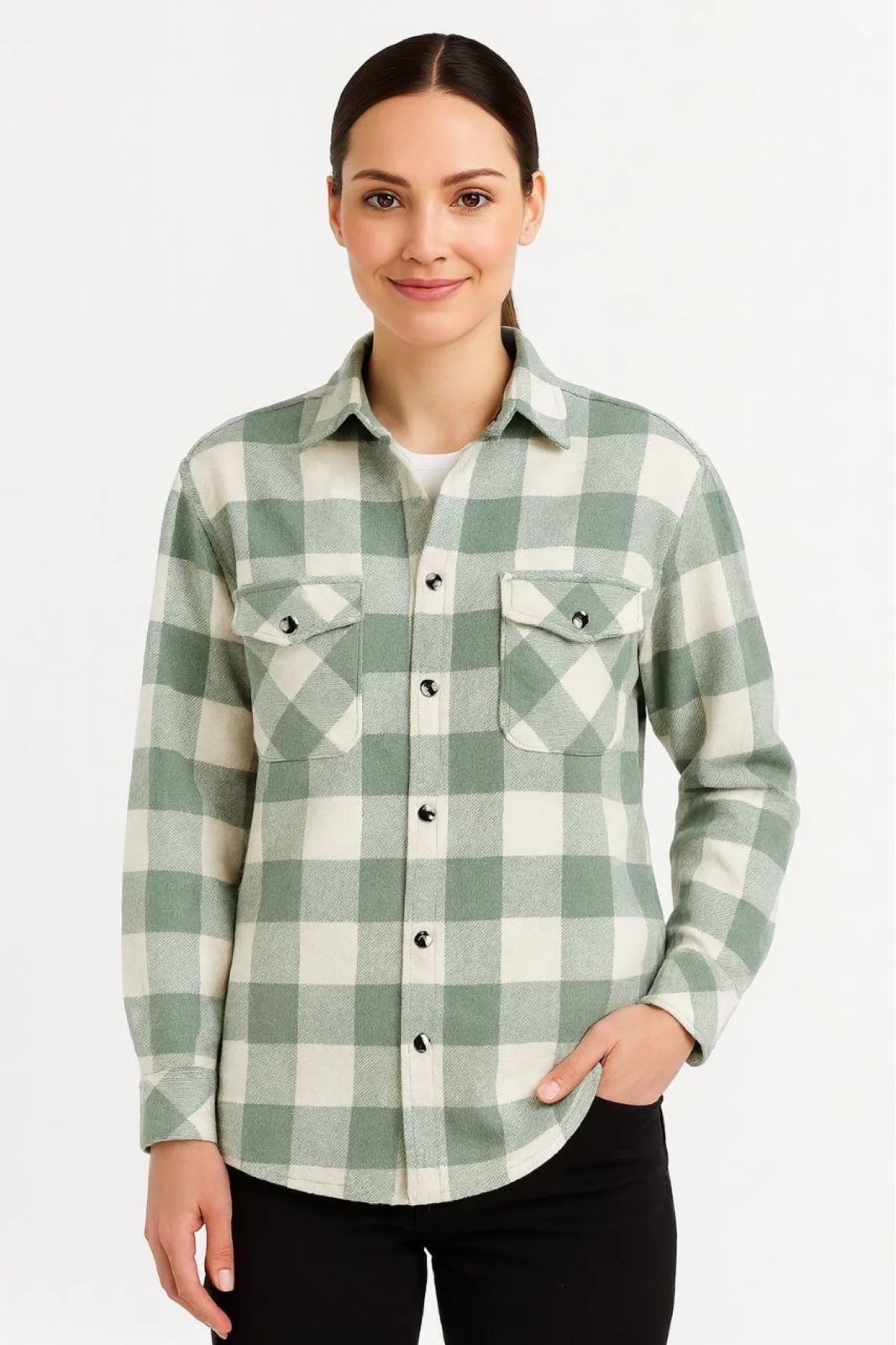 Kadın Oduncu Gömlek – Uzun Kollu, Şardonlu Kumaş, Kırmızı Beyaz Kareli Desen, Regular Fit, Çift Cepli, Manşetli Günlük Şık Stil - Su yeşili