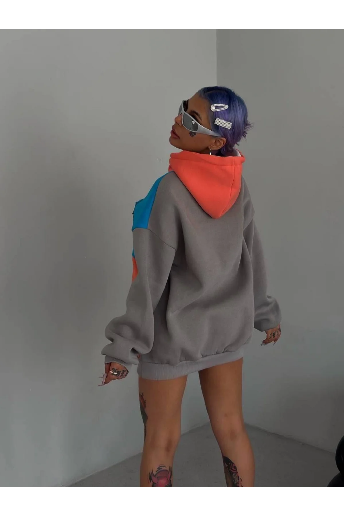 Kadın W Nakış İşlemeli Kapüşonlu Sweatshirt - Mavi