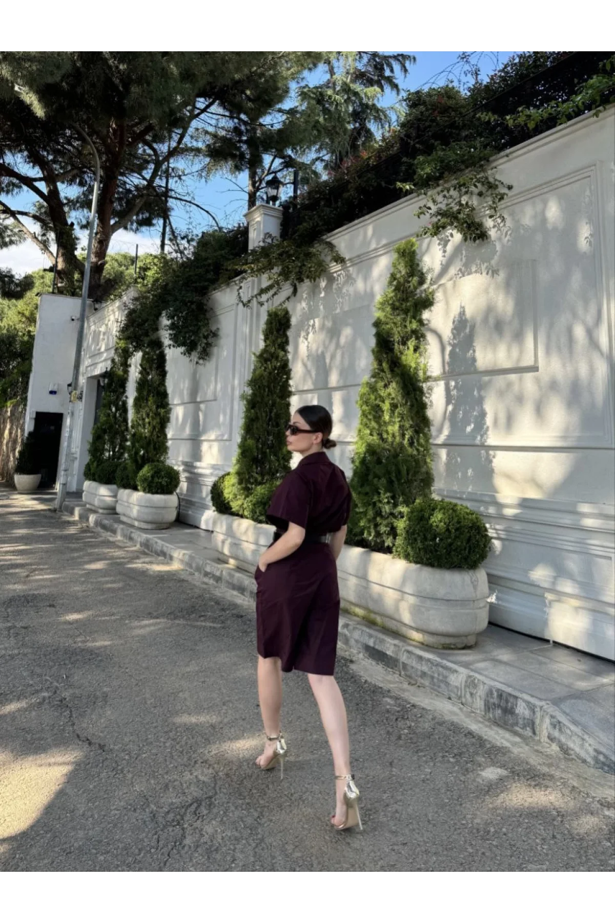 Kadın Yakalı Gömlek Kemerli Şortlu Takım - Bordo