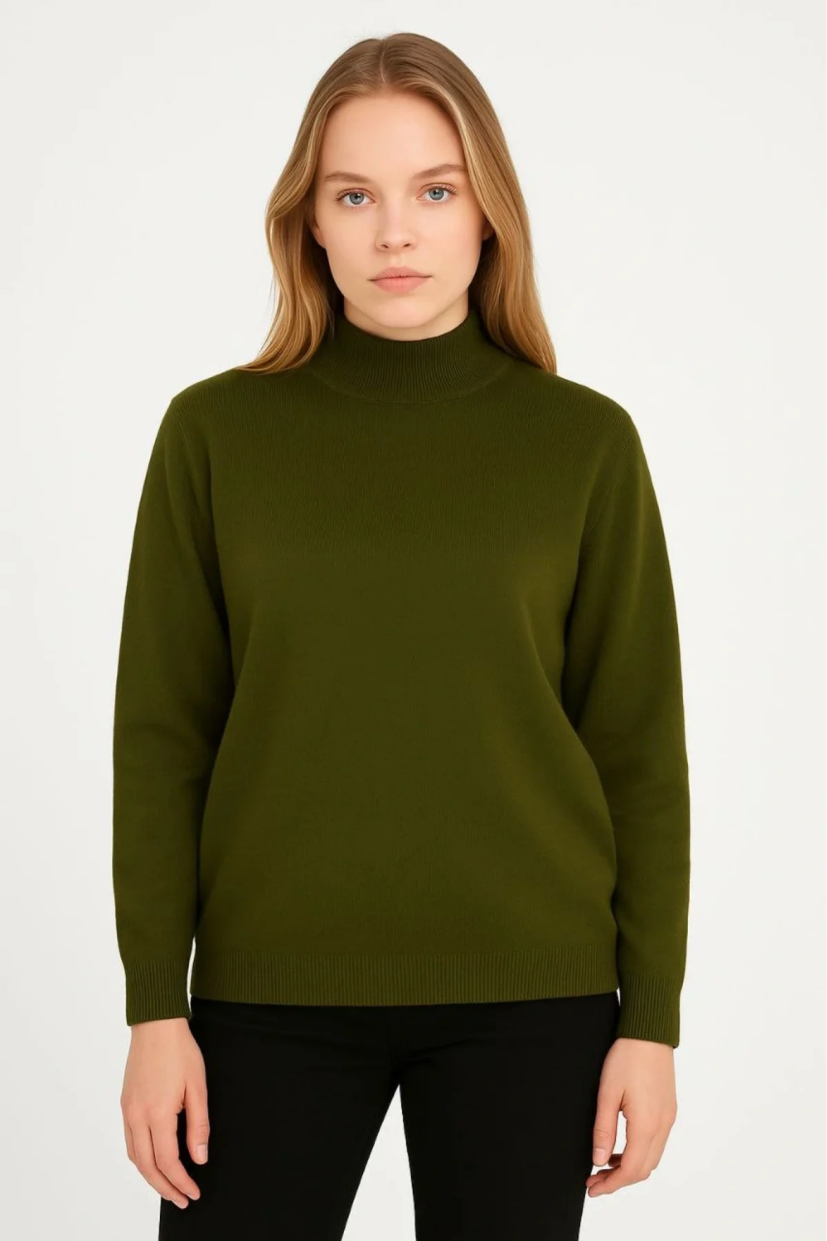 Kadın Yarım Boğaz Triko Kazak yumuşak dokulu Pamuklu ince Dokuma, uzun kollu Rahat Regular kalıp - Haki