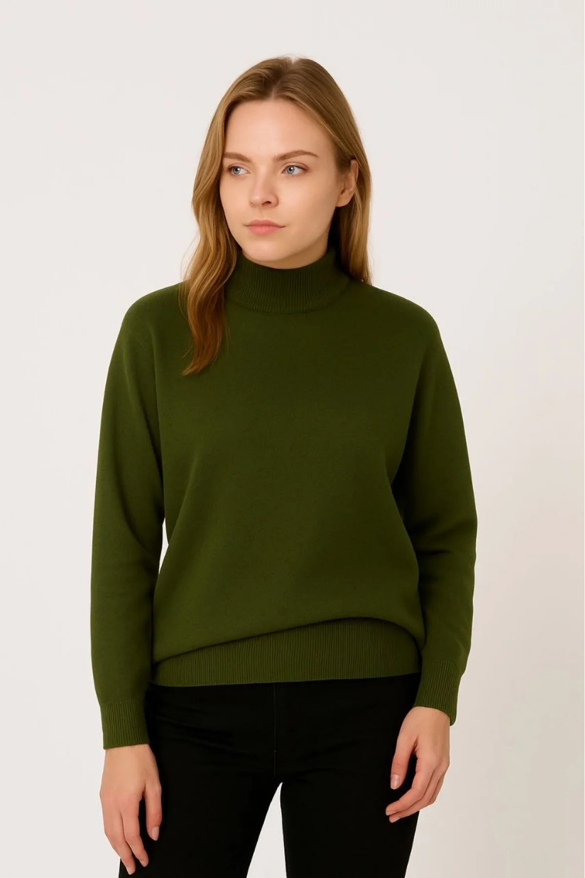 Kadın Yarım Boğaz Triko Kazak yumuşak dokulu Pamuklu ince Dokuma, uzun kollu Rahat Regular kalıp - Haki